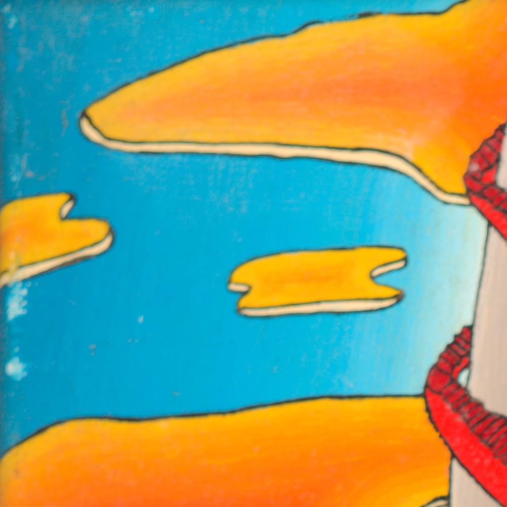 Peinture à l'huile - Tours hautes pyramidales avec des escaliers rouges et des nuages orange sur un ciel bleu en vente 2