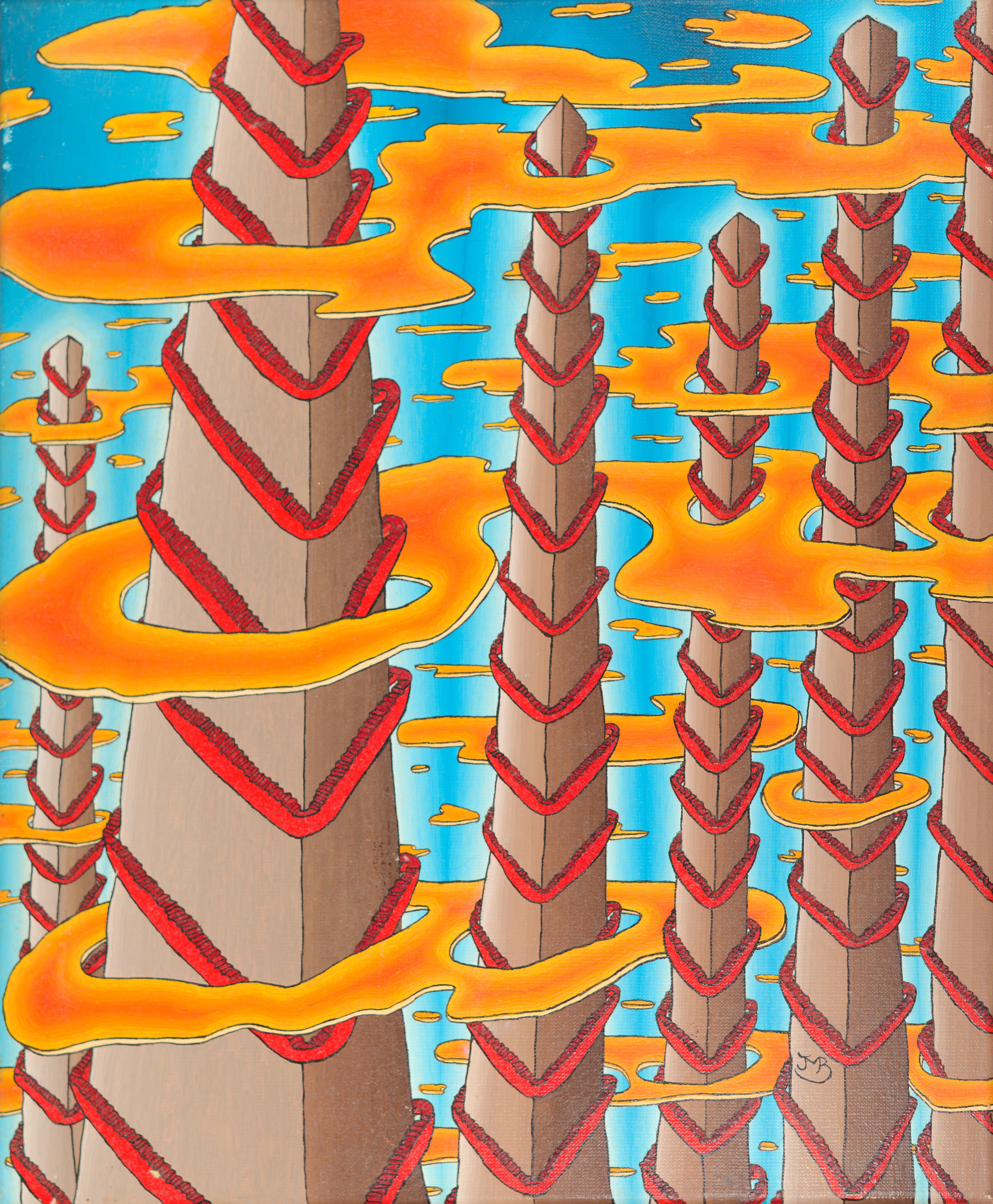 High Pyramidal Towers with Red Stairs and Orange Clouds on Blue Sky Oil Painting