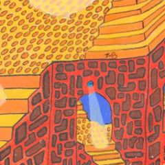 Labyrinth of Stone Pyramids, Yellow Stairs and Spotlights Gouache Painting