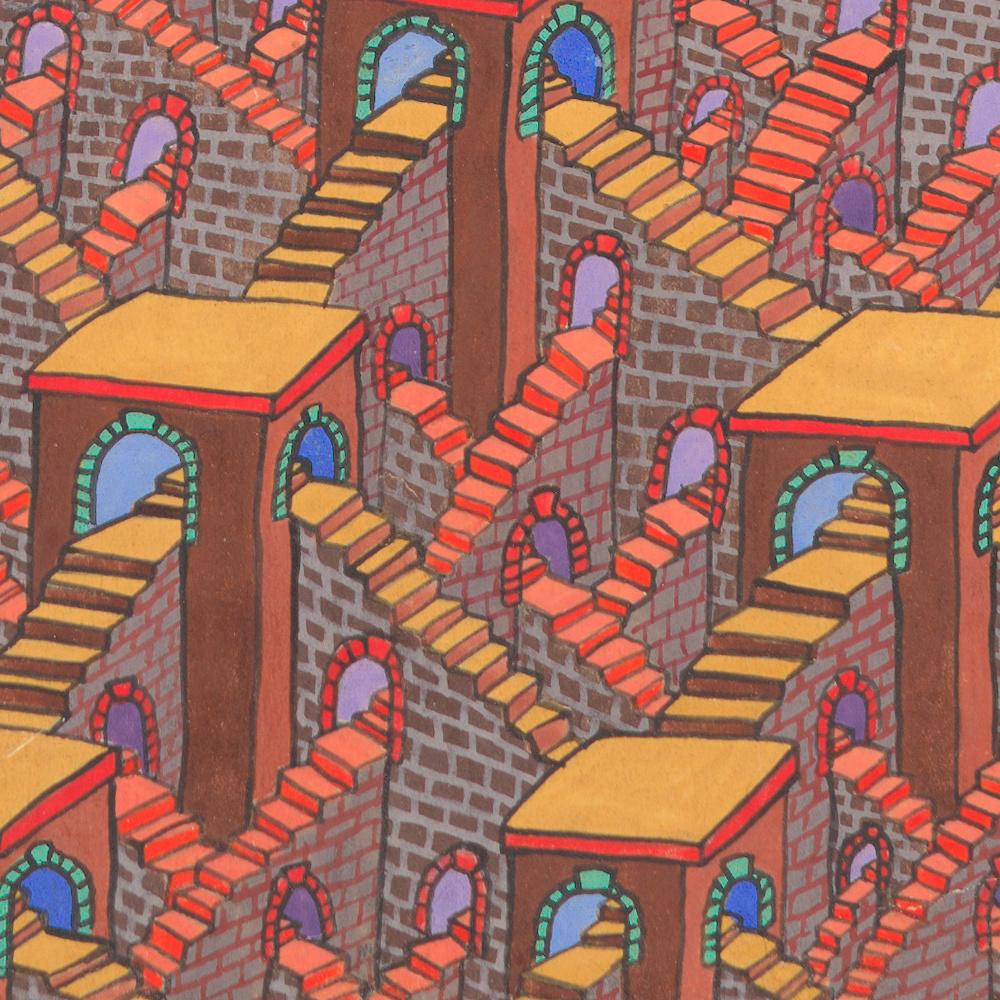 Labyrinths Network, unzählige rote, orangefarbene Stühle mit blauen Bogen, Gouache-Gemälde (Zeitgenössisch), Painting, von Jean-Marc Boissy