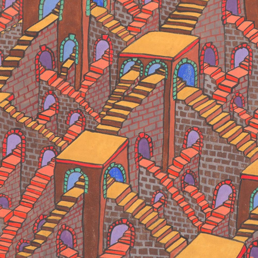 Dieses Kunstwerk stellt ein Labyrinth aus Treppen und Bögen dar.

Dieses Stück wird ohne Rahmen geliefert.

Jean-Marc Boissy ist ein talentierter und vielversprechender französischer Künstler. Sein einzigartiger und sehr persönlicher künstlerischer