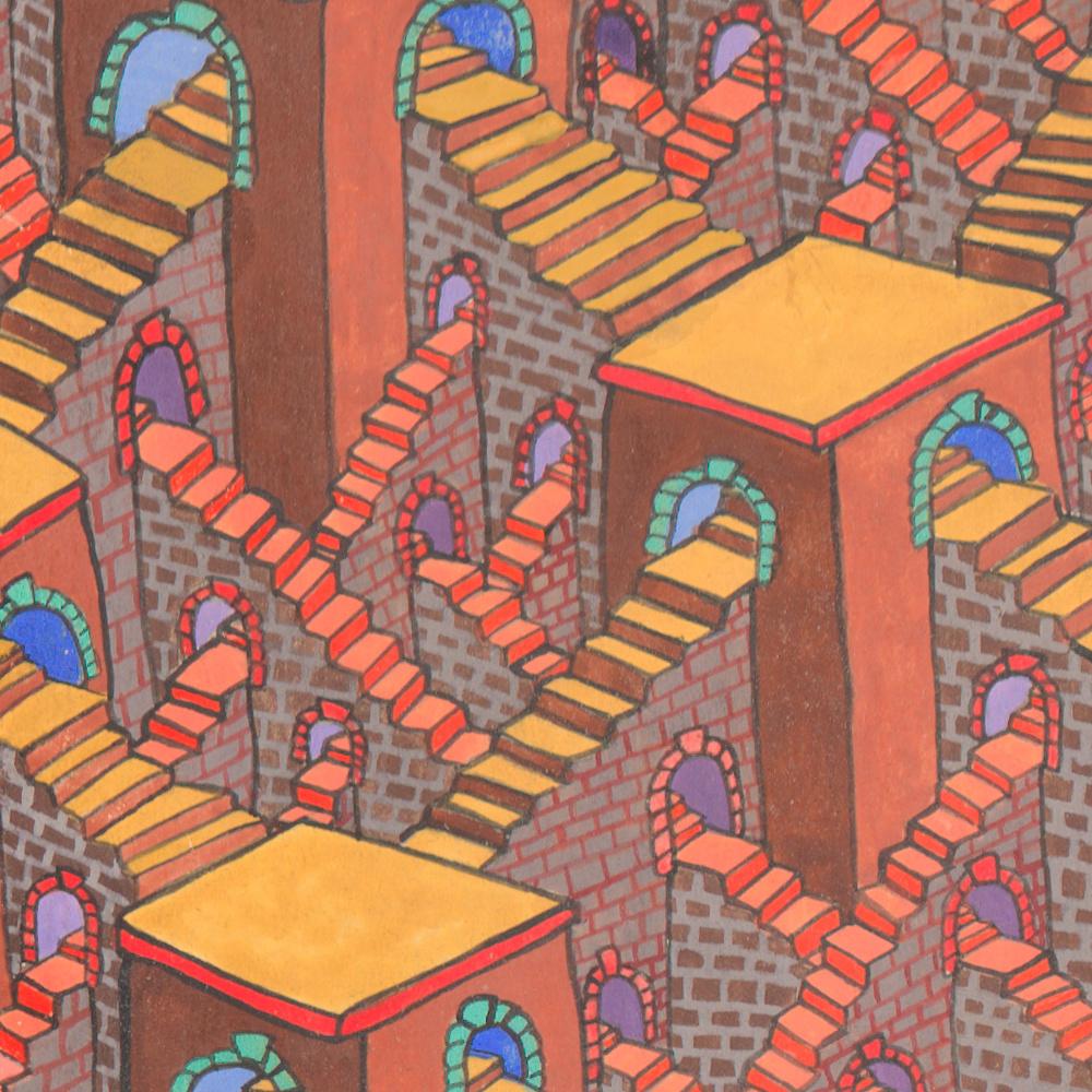 Labyrinths Network, unzählige rote, orangefarbene Stühle mit blauen Bogen, Gouache-Gemälde im Angebot 2