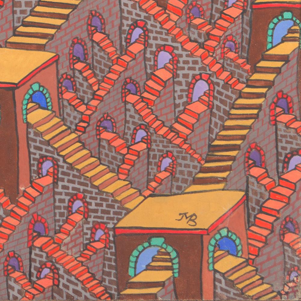 Labyrinths Network, unzählige rote, orangefarbene Stühle mit blauen Bogen, Gouache-Gemälde im Angebot 4