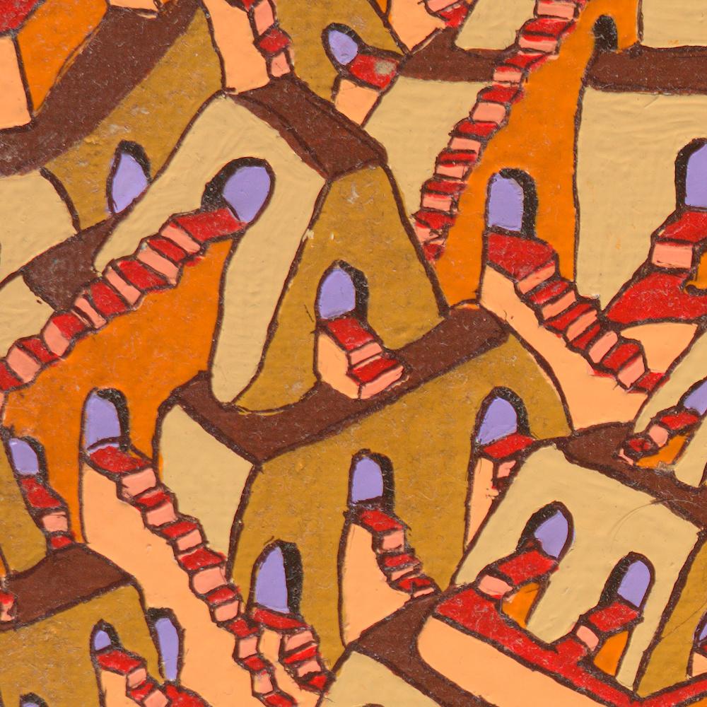Pyramiden mit unzähligen Stühlen und Bogentüren, Ölgemälde (Orange), Landscape Painting, von Jean-Marc Boissy