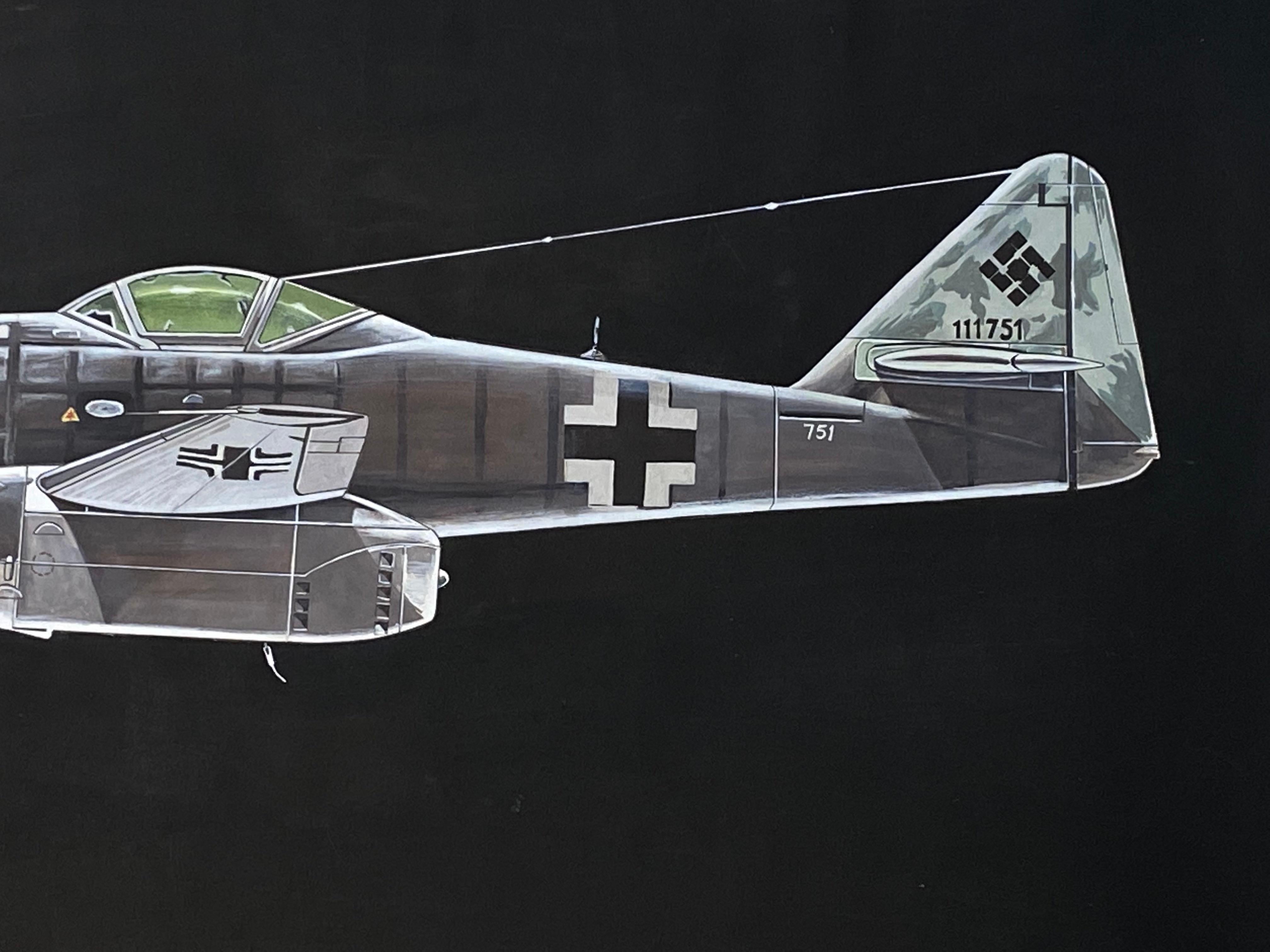 Original painting by Jean Marcel Cuny
Messerschmitt Me 262 aircraft 
Not signed 
Annotation on the back in pencil
Estate 1998
Centennial exhibition of aviation at the Champs Elysées 
September 14, 1998 
Circa : 1978 
Size : 54,4 x 79,9 cm