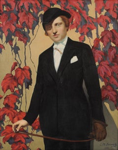 Portrait of a woman in hunting in front of a vineyard