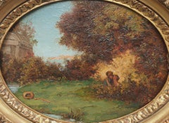 French Painting Romantic bucolic landscape POUSSART Small Oil canvas oval