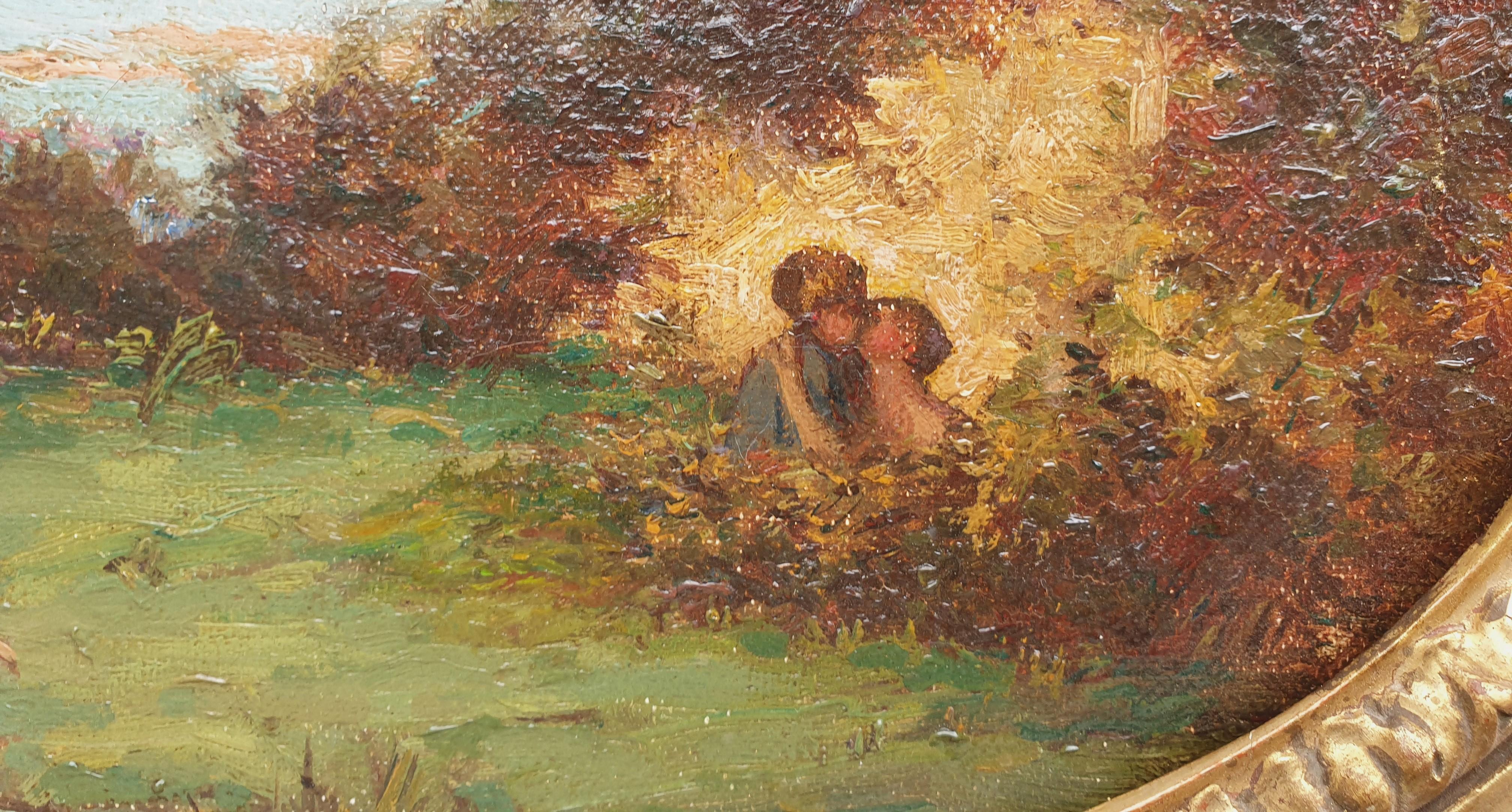 French Painting Romantic bucolic landscape POUSSART Small Oil canvas oval For Sale 1