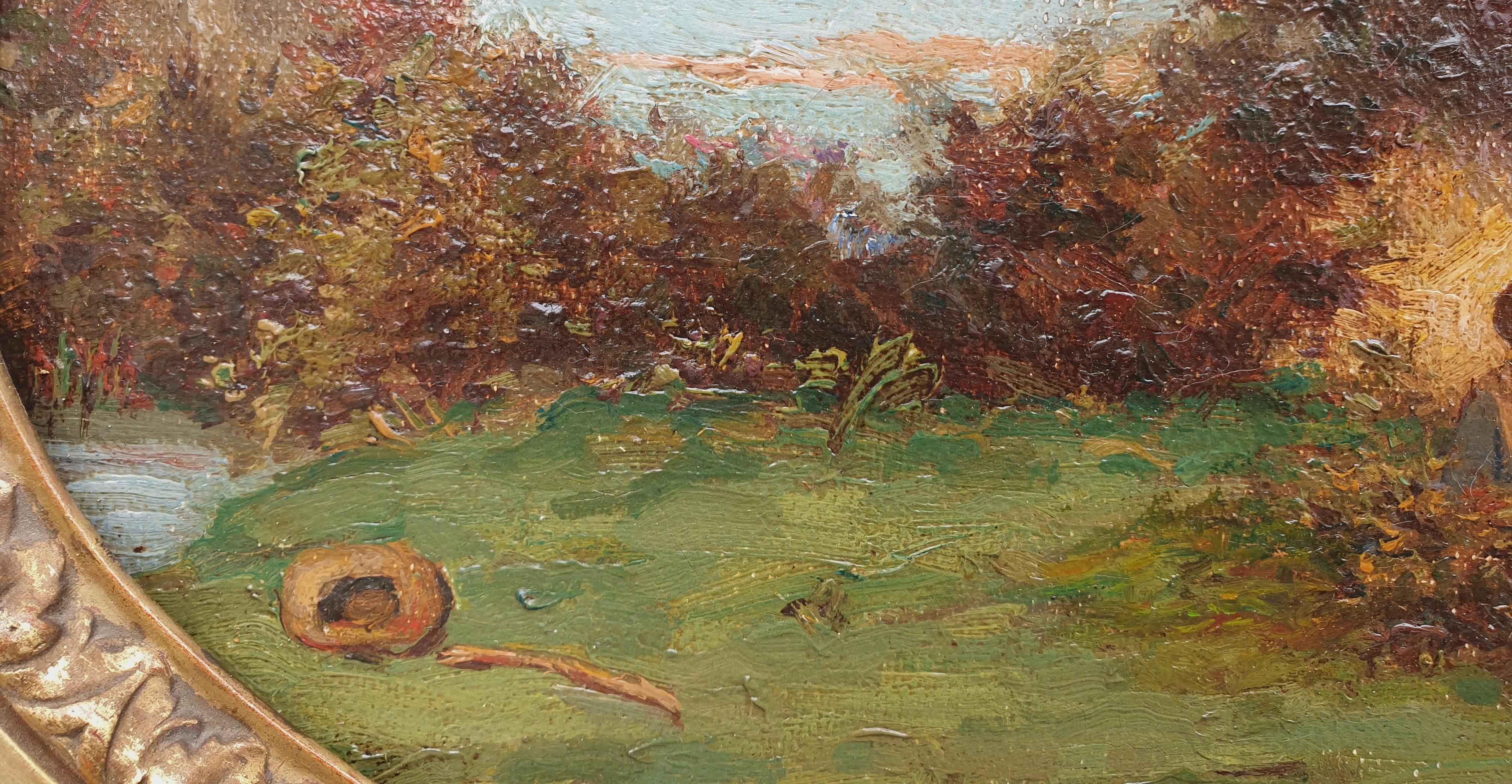 French Painting Romantic bucolic landscape POUSSART Small Oil canvas oval For Sale 2