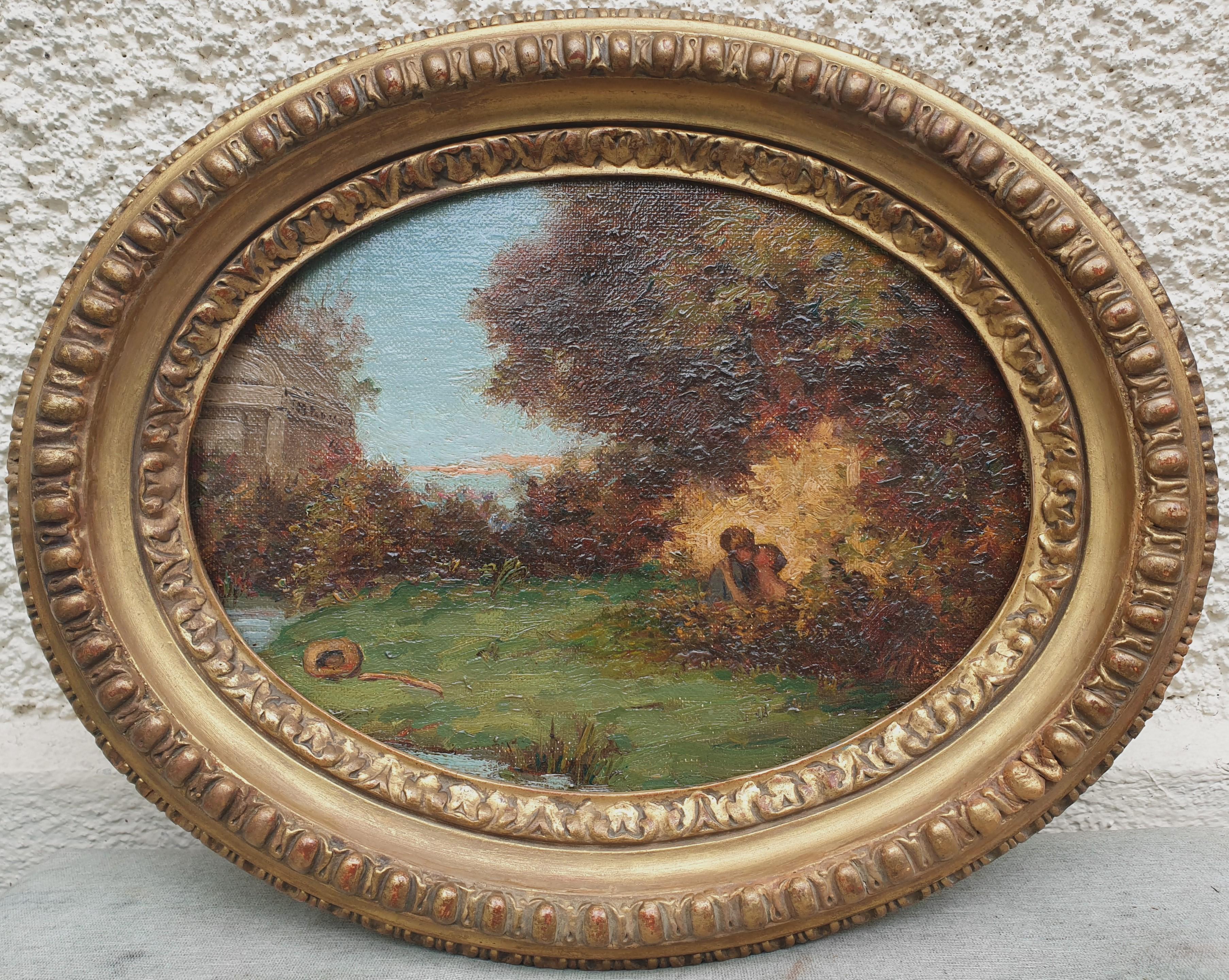 French Painting Romantic bucolic landscape POUSSART Small Oil canvas oval - Brown Landscape Painting by Jean Marcel POUSSART