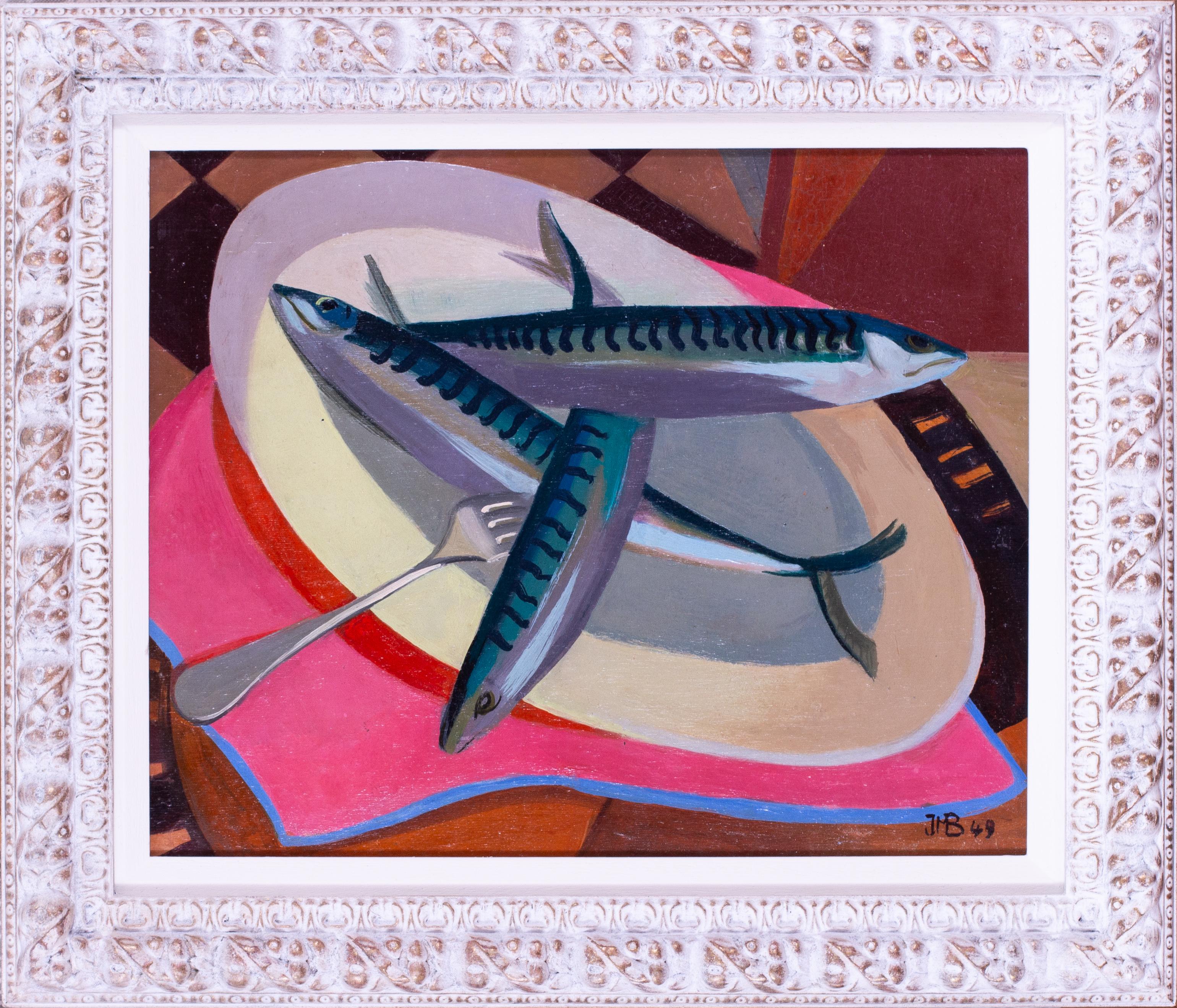1949, French, still life oil painting 'Mackerel' fish, post impressionist