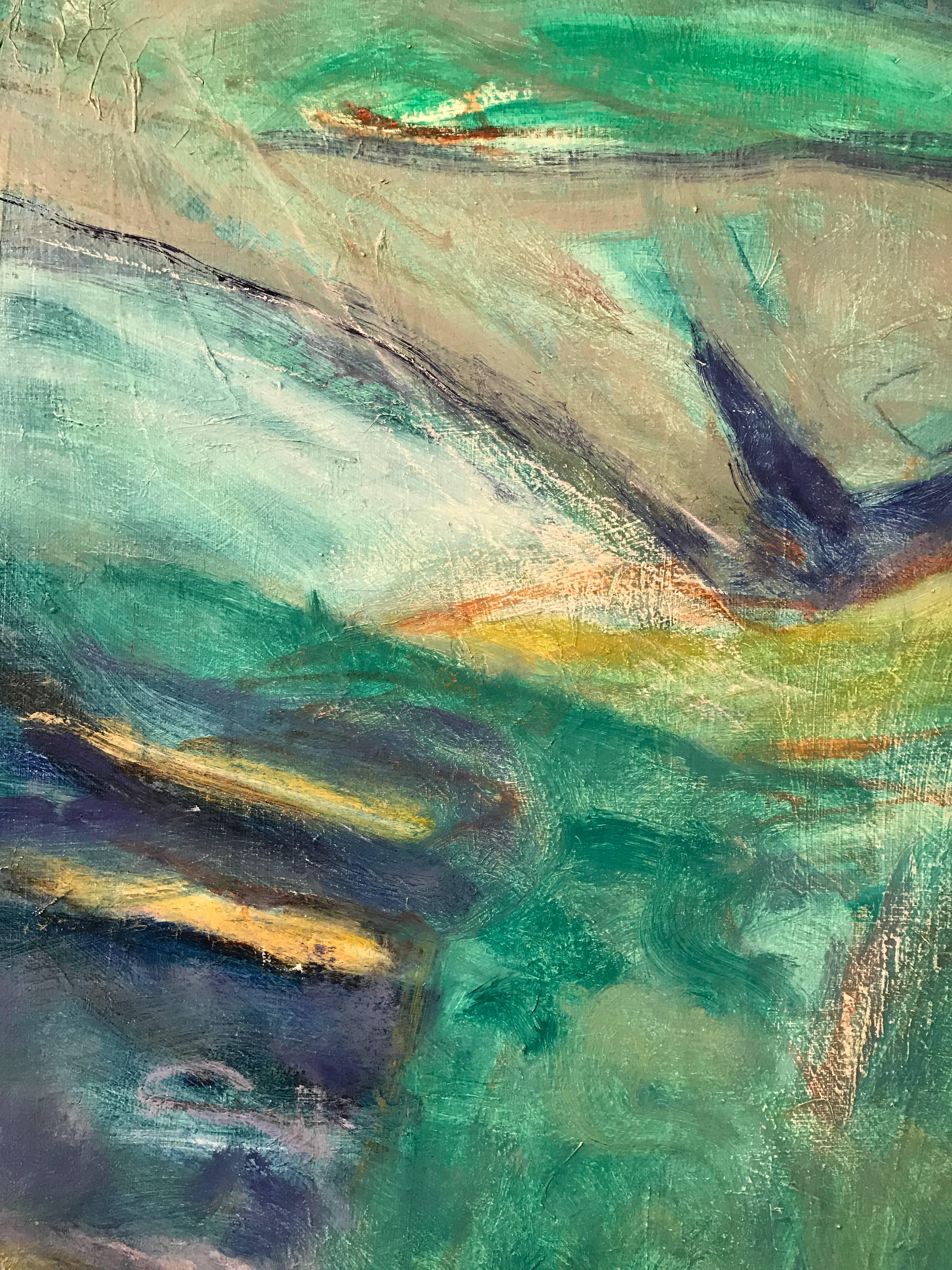 Grande peinture à l'huile originale - Abstraction - Couleurs vert sarcelle turquoise - Expressionnisme abstrait Painting par Jean-Marie Deroche