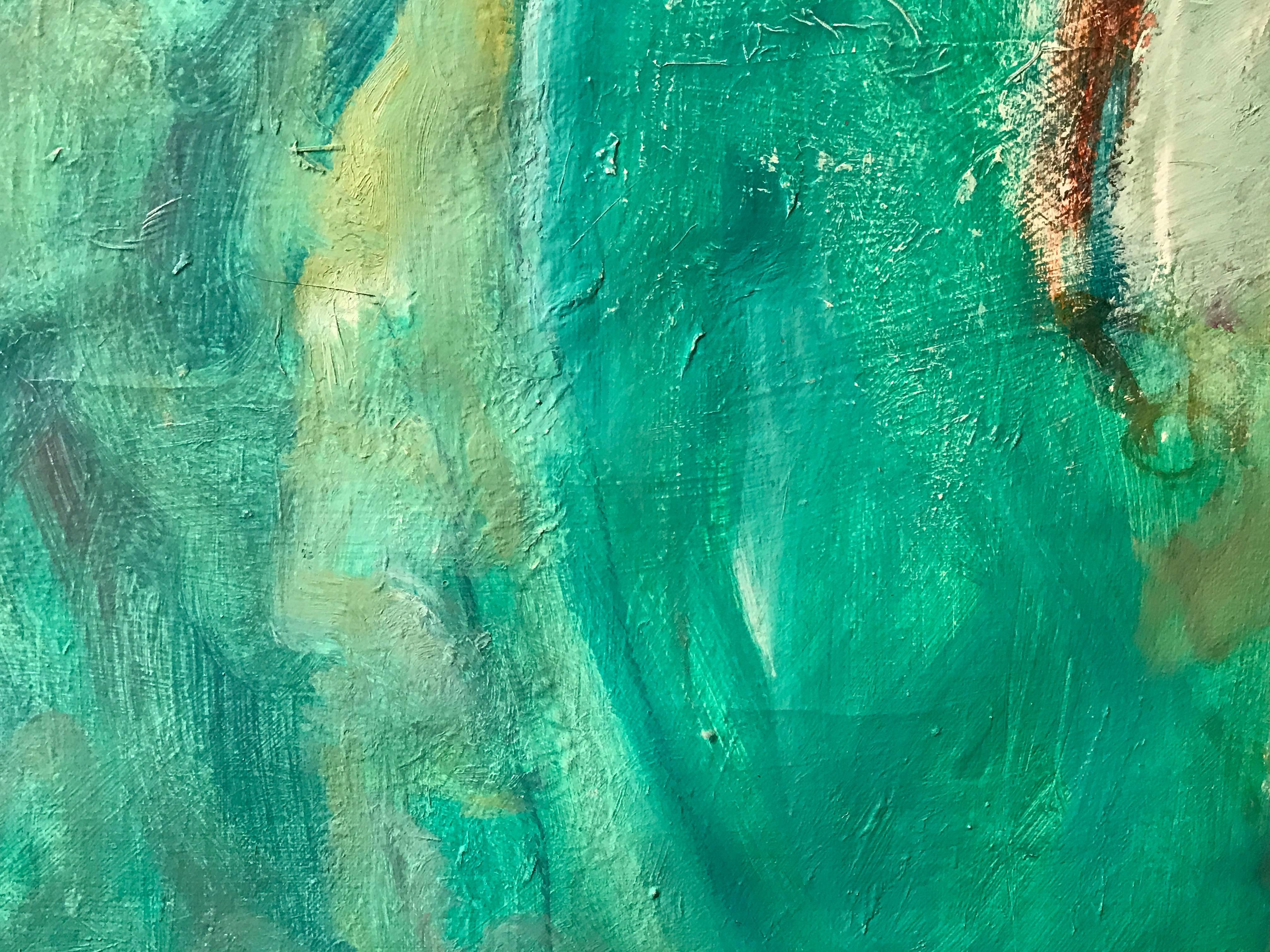 Superbe et très grande peinture à l'huile post-impressionniste française représentant cette peinture à l'huile abstraite profondément colorée présentant un mélange et une gamme de couleurs incroyables - aigue-marine, turquoise, verts, bleus, violets