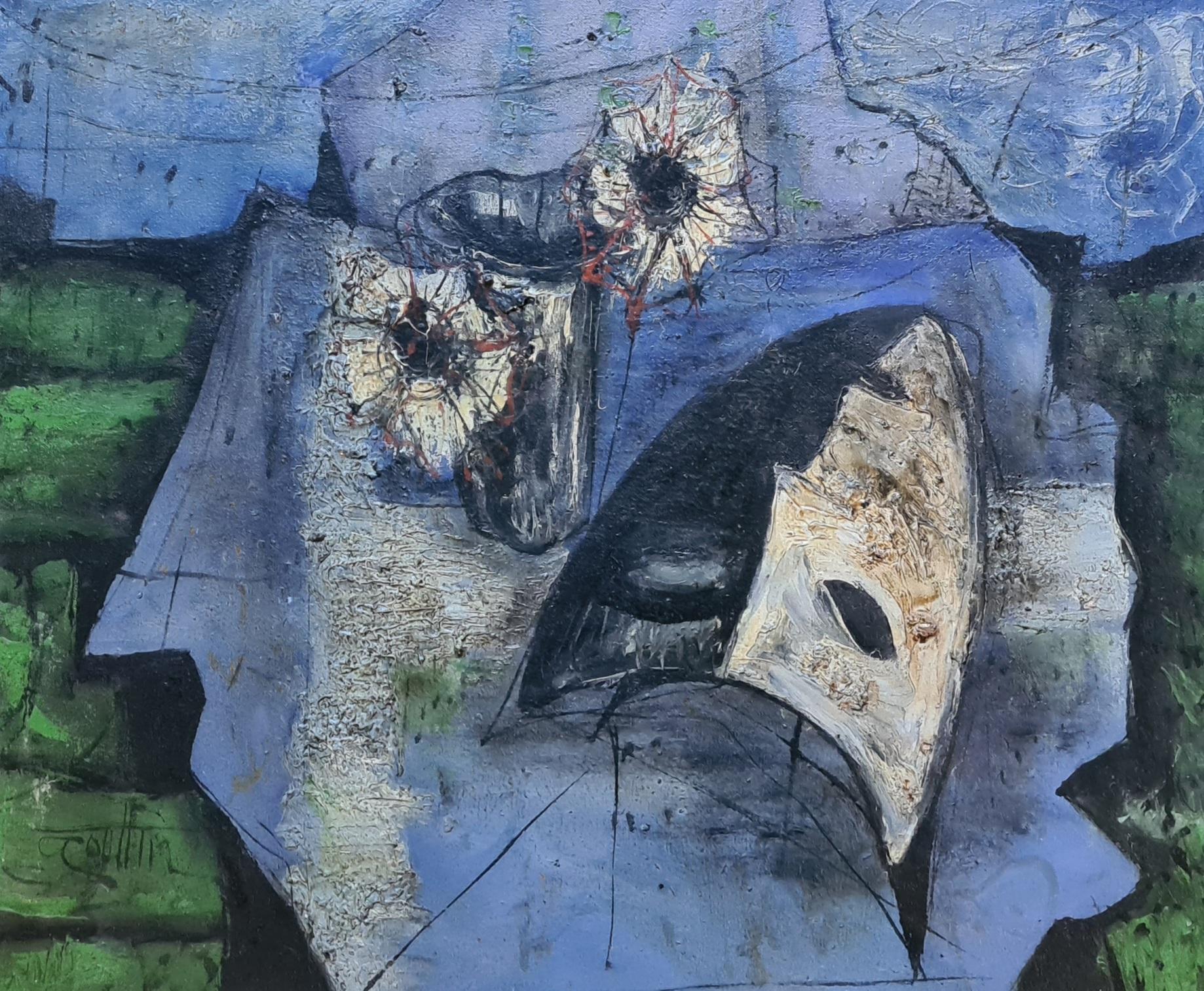 Stilleben des französischen Expressionismus in Öl, Ecole de Nice, Kreis von Bernard Buffet – Painting von Jean Marie Gouttin
