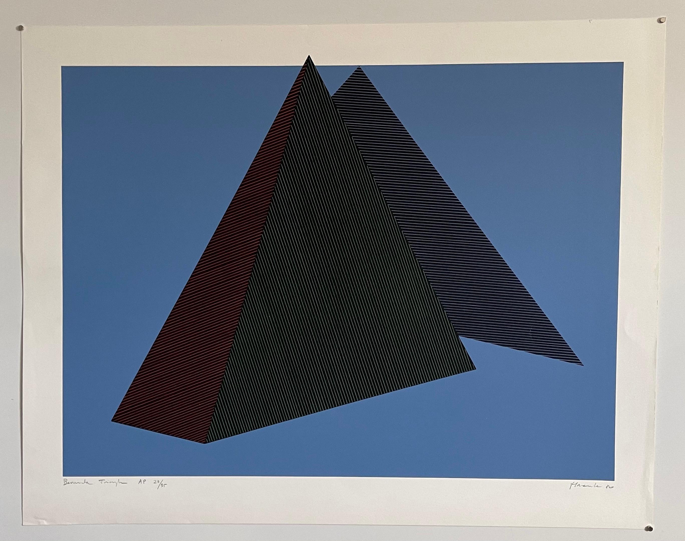 Jean Marie Haessle, French-American (1939-) 
Serigraph silkscreen 
Hand signed in pencil and numbered
Bermuda Triangle (Blue background)
1980

Jean Marie Haessle was born in 1939 in Alsace, Buhl, Haut-Rhin, France. A self taught artist, at age 14,