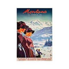 Manifesto originale del 1954 Montana Vermala Svizzera - Sci - Suisse