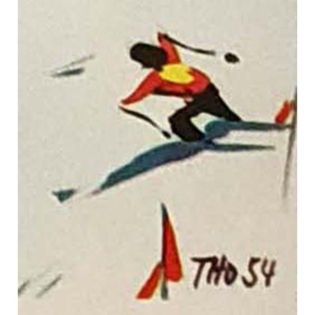 The original 1954 poster created by artist Jean-Marie Thorimbert for Montana Vermala, a ski resort located in Crans Montana, in the Swiss canton of Valais, is a remarkable work that embodies the art of tourism promotion at the time. Commissioned by