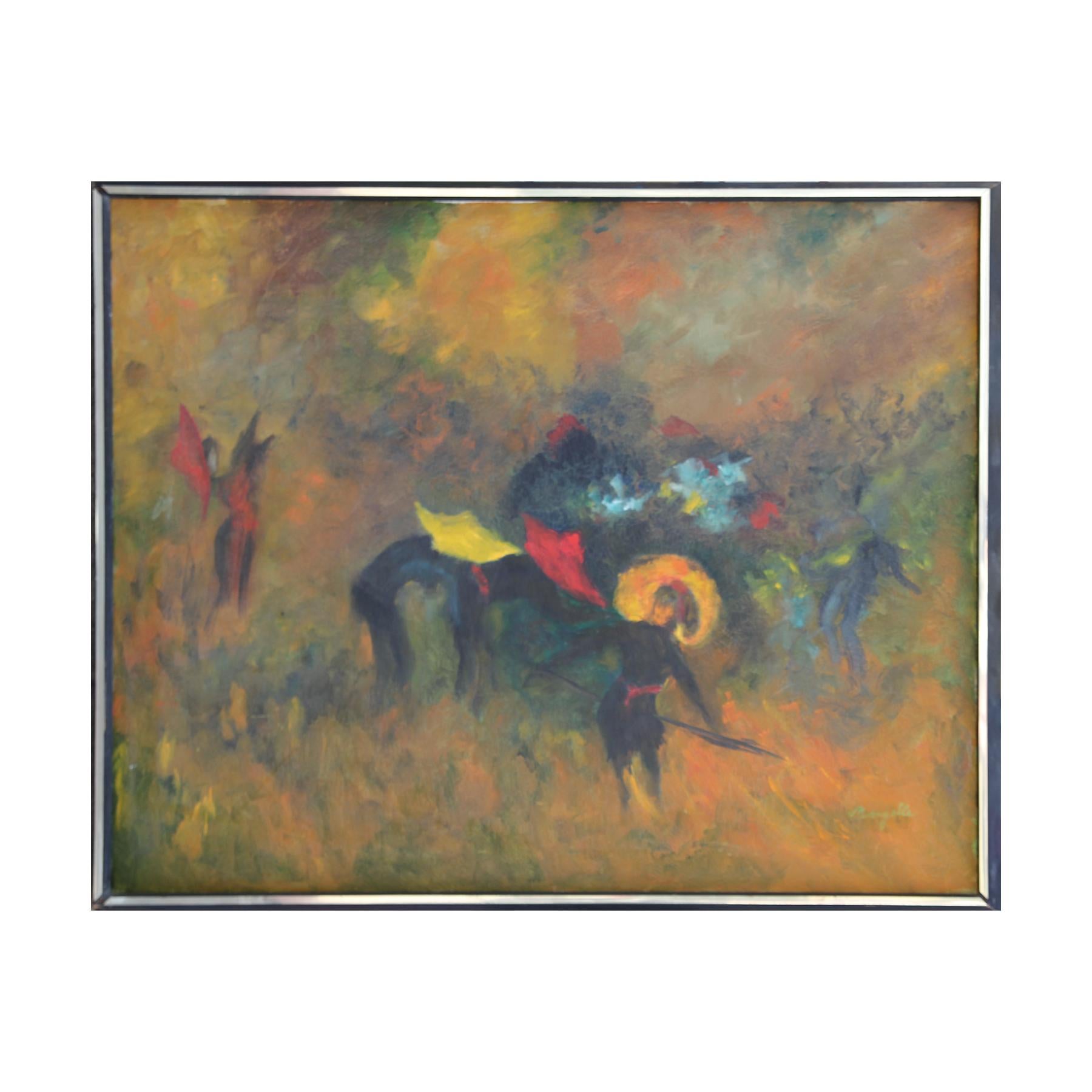 Jean Marzelle Animal Painting - Abstract Expressionist Yellow Toned Modern Bull Fighting Painting