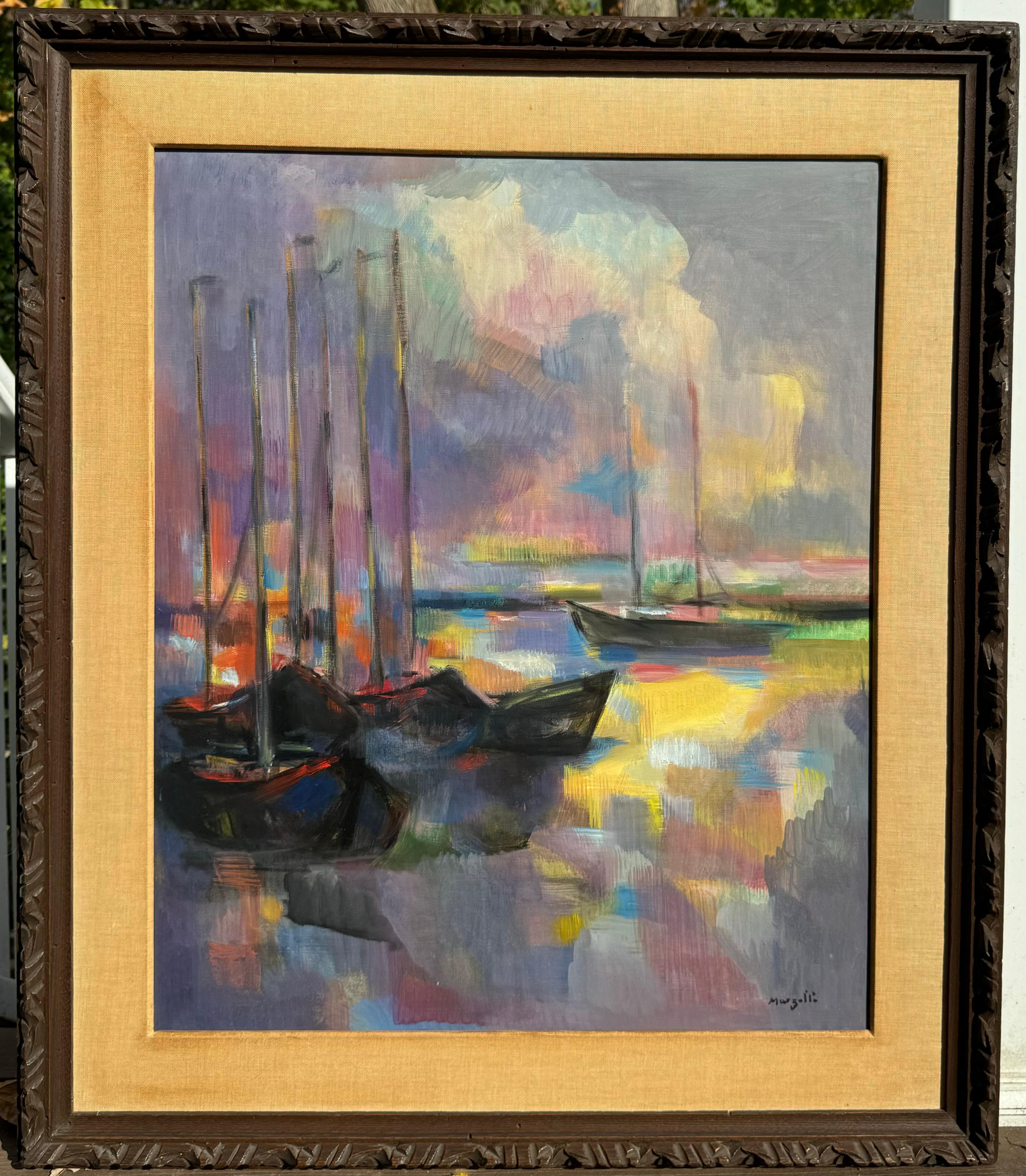 French Post Impressionist Cubist Boats Harbor Painting For Sale 1