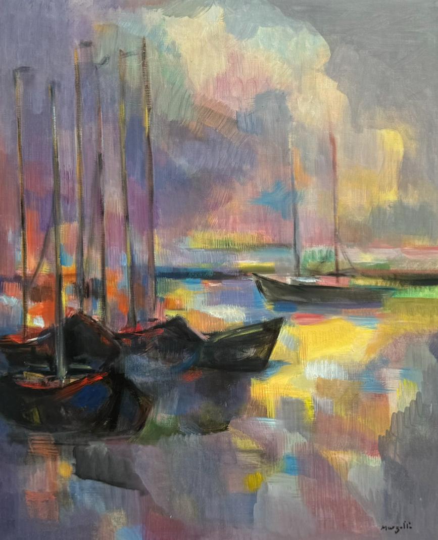 French Post Impressionist Cubist Boats Harbor Painting For Sale 2