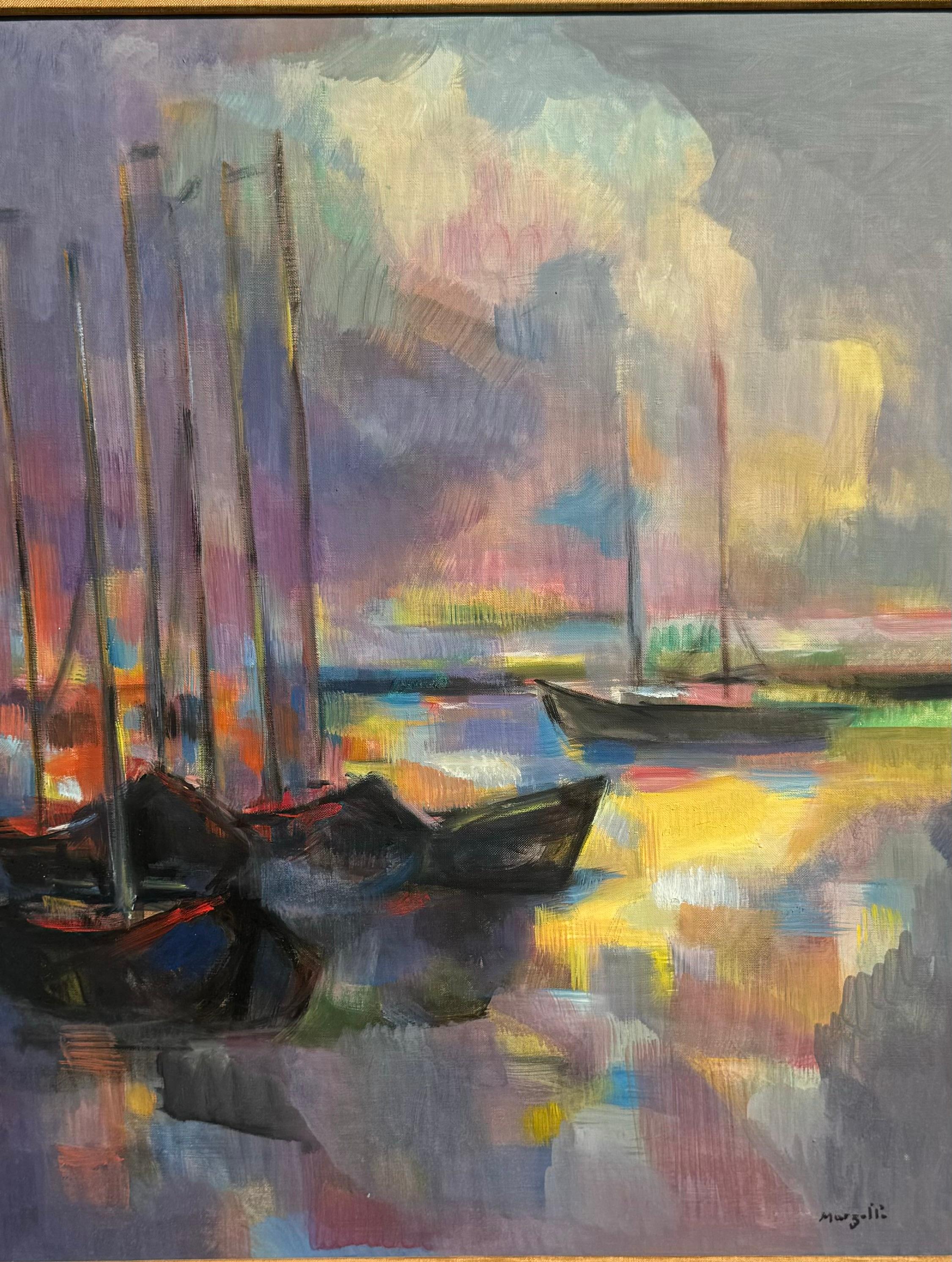 French Post Impressionist Cubist Boats Harbor Painting For Sale 3