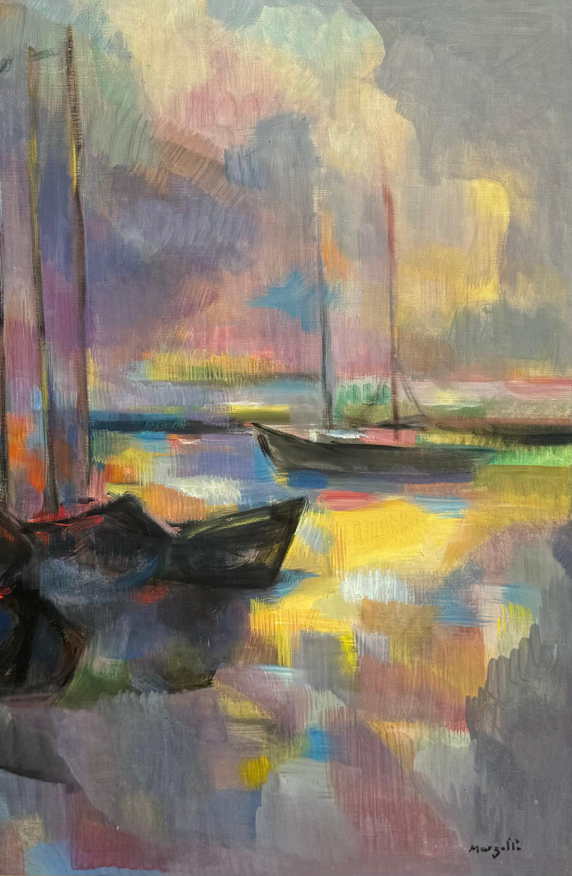 French Post Impressionist Cubist Boats Harbor Painting For Sale 4