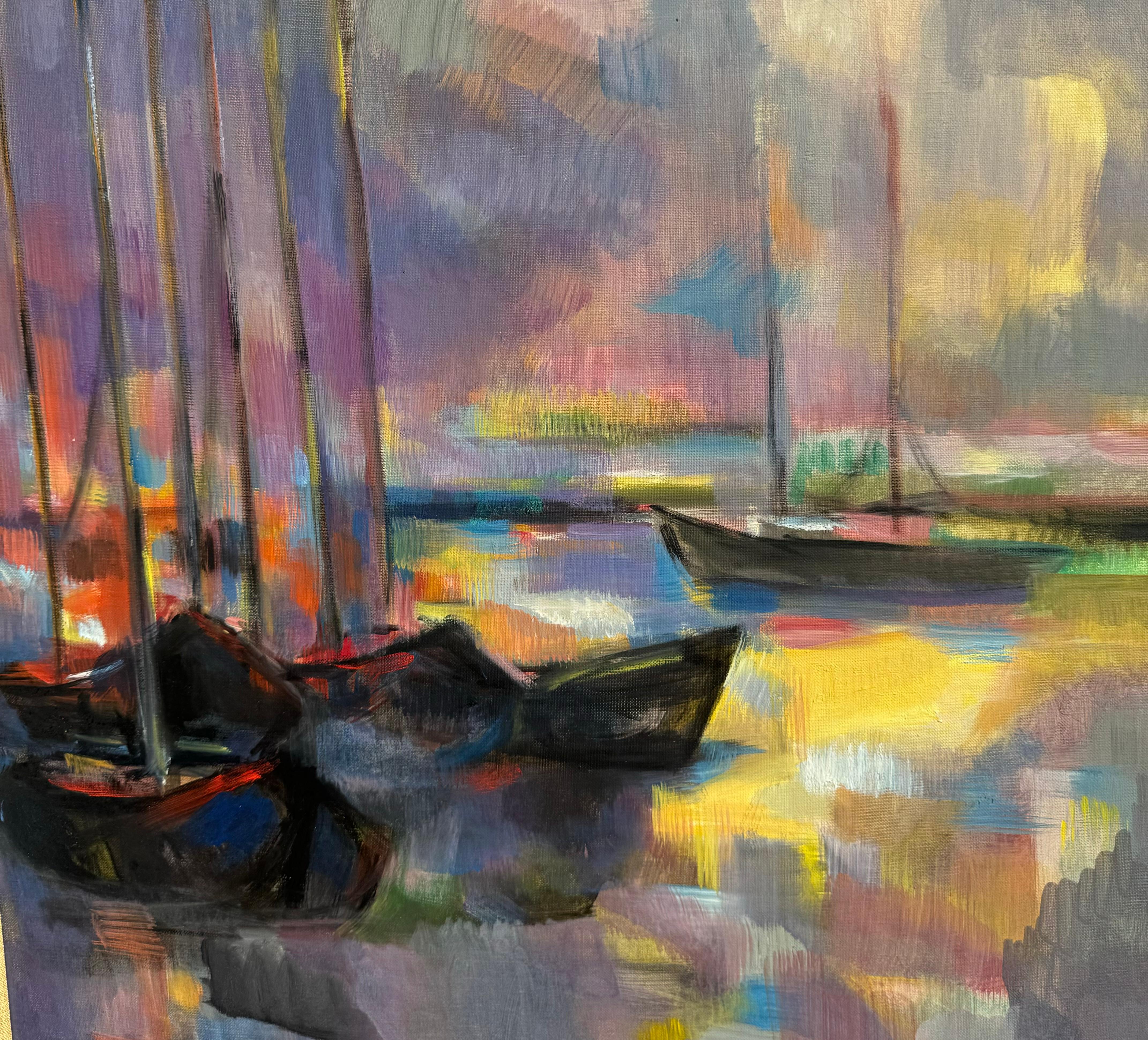 French Post Impressionist Cubist Boats Harbor Painting For Sale 5