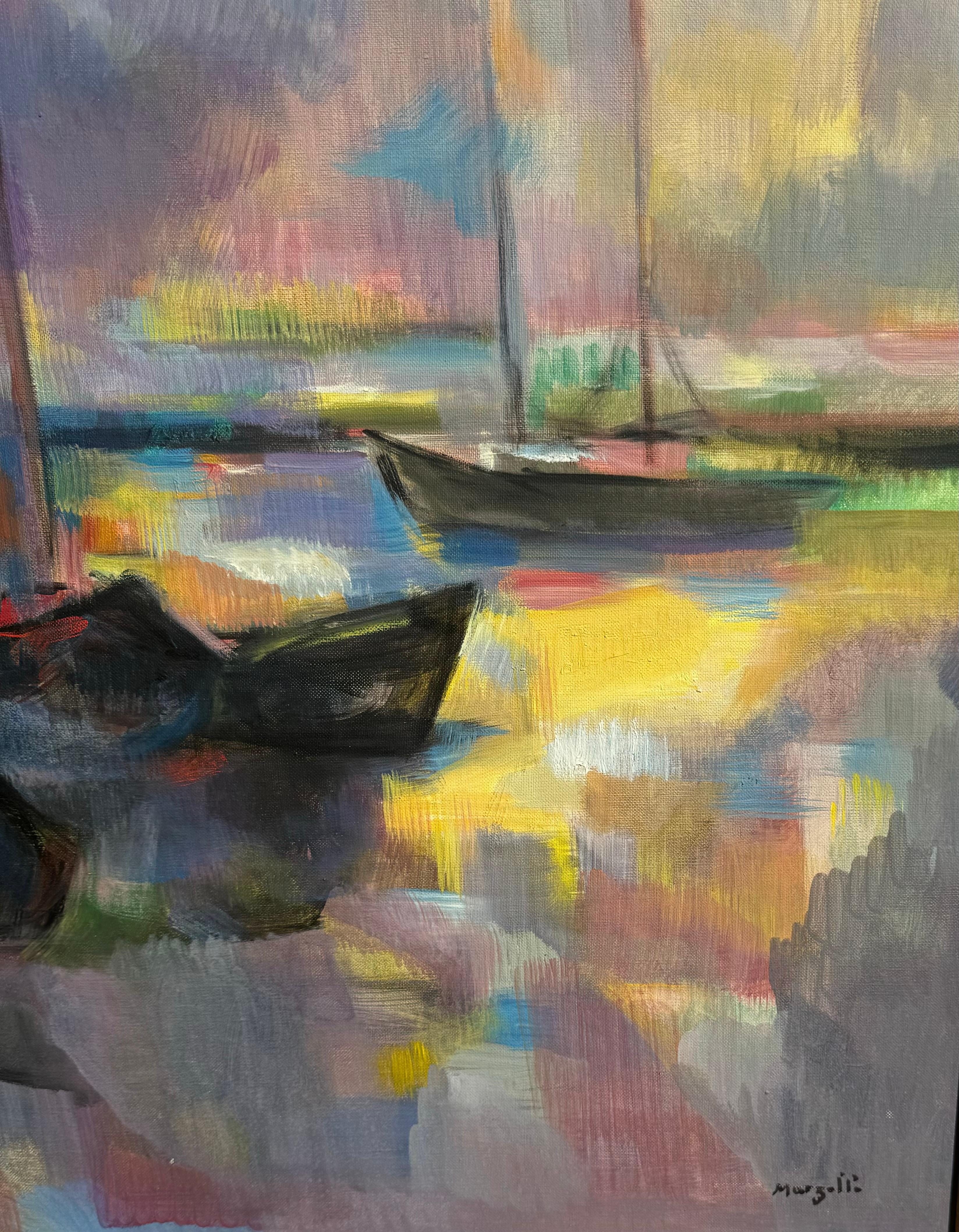 French Post Impressionist Cubist Boats Harbor Painting For Sale 6