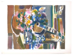 Flowers And Guitar - Original Lithograph by Jean Marzelle - 1970s