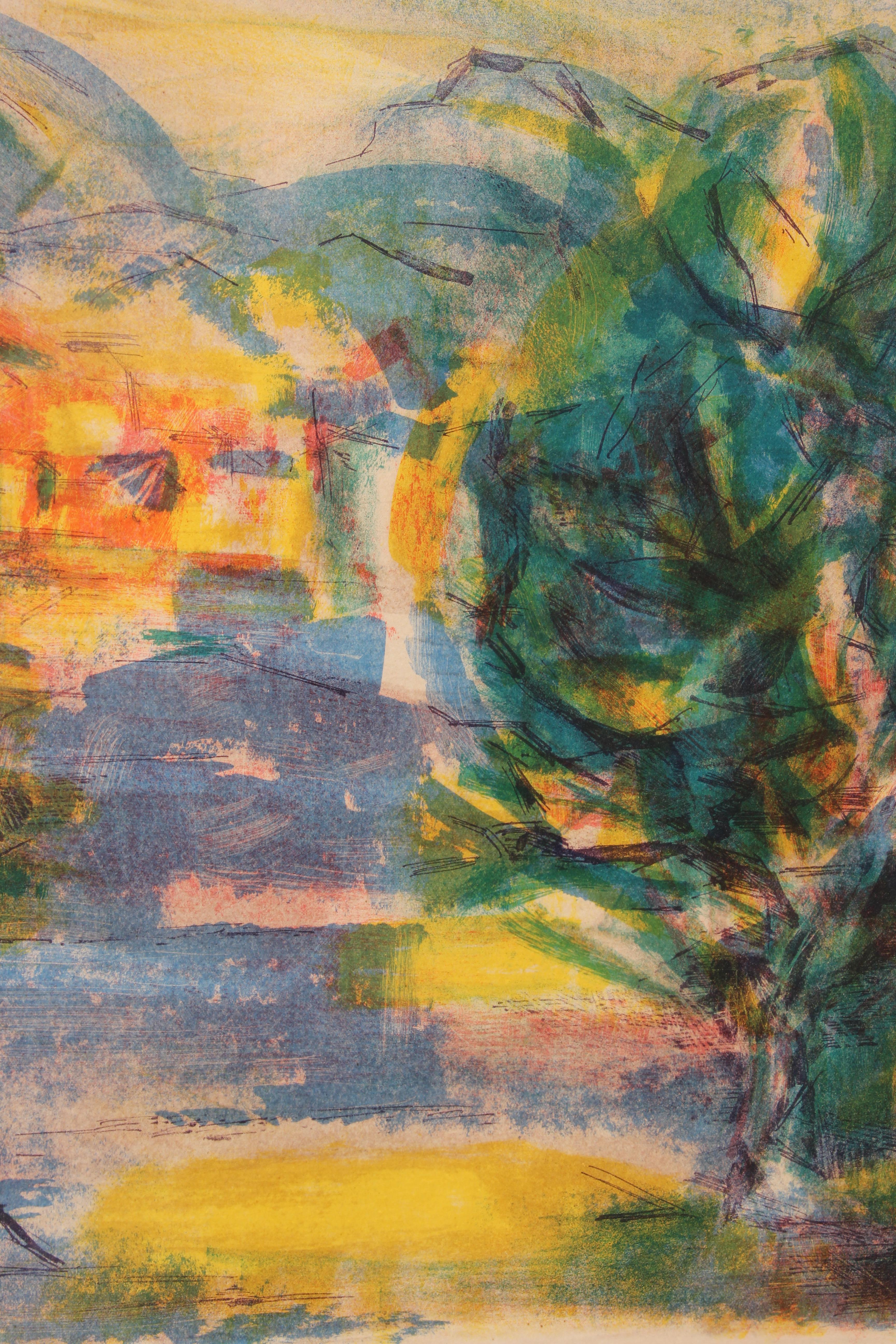 Litografia di paesaggio impressionista francese di Jean Marzelle (1916 - 2005) che ha vissuto e lavorato in Francia ed era noto per la pittura. L'opera è composta da verdi, blu, gialli e arancioni. La stampa è incorniciata in una cornice di legno