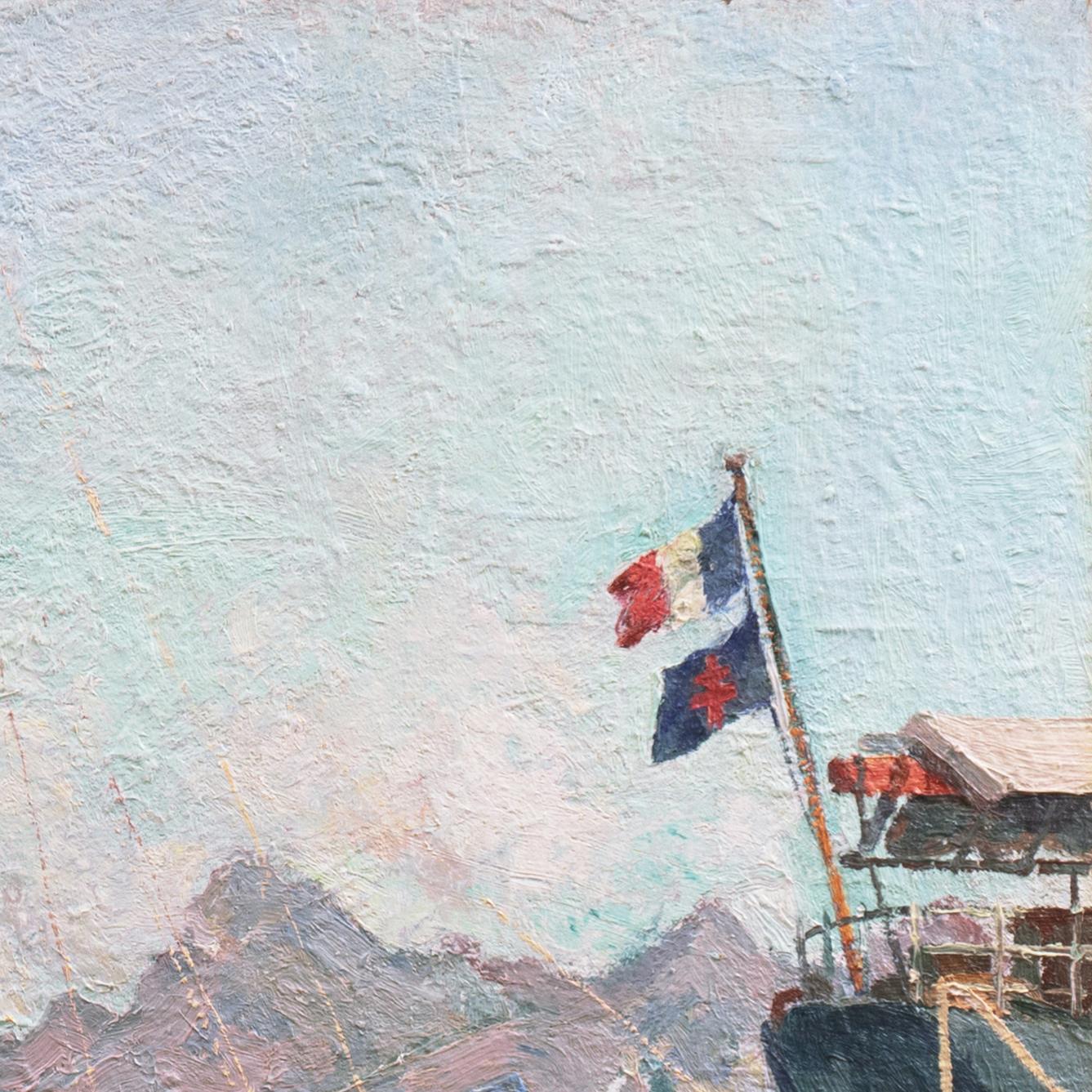 Signed lower left, 'J. Masson' for Jean Masson (French, 1900-1988) and painted circa 1945.

A substantial, mid-century oil showing a wooden schooner drawn up to a quay with a man on board reefing in a sail and a view beyond towards pink-tinged