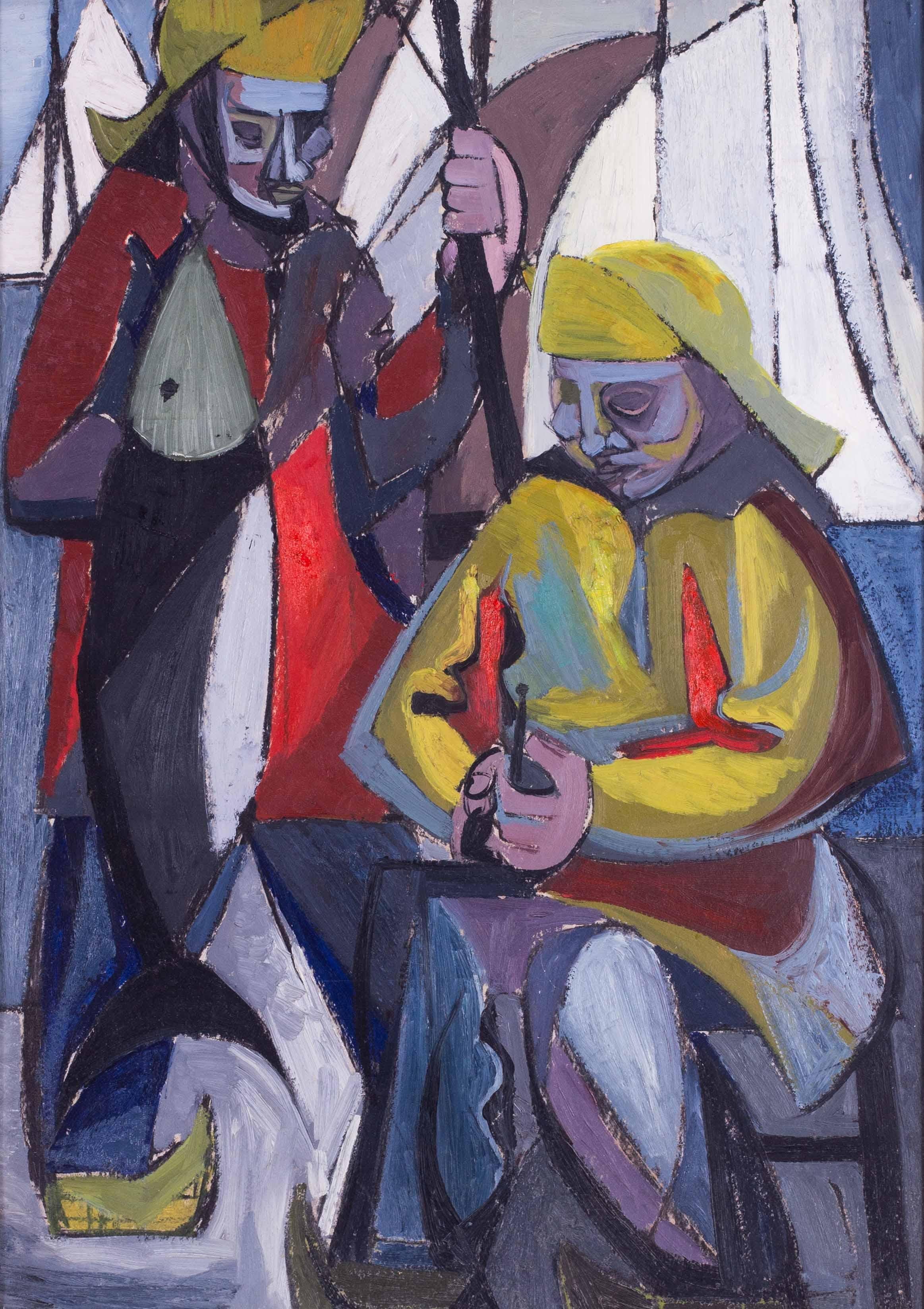 A large, Cubist 20th Century oil painting of two fishermen - Painting by Jean Maurice Lasnier 
