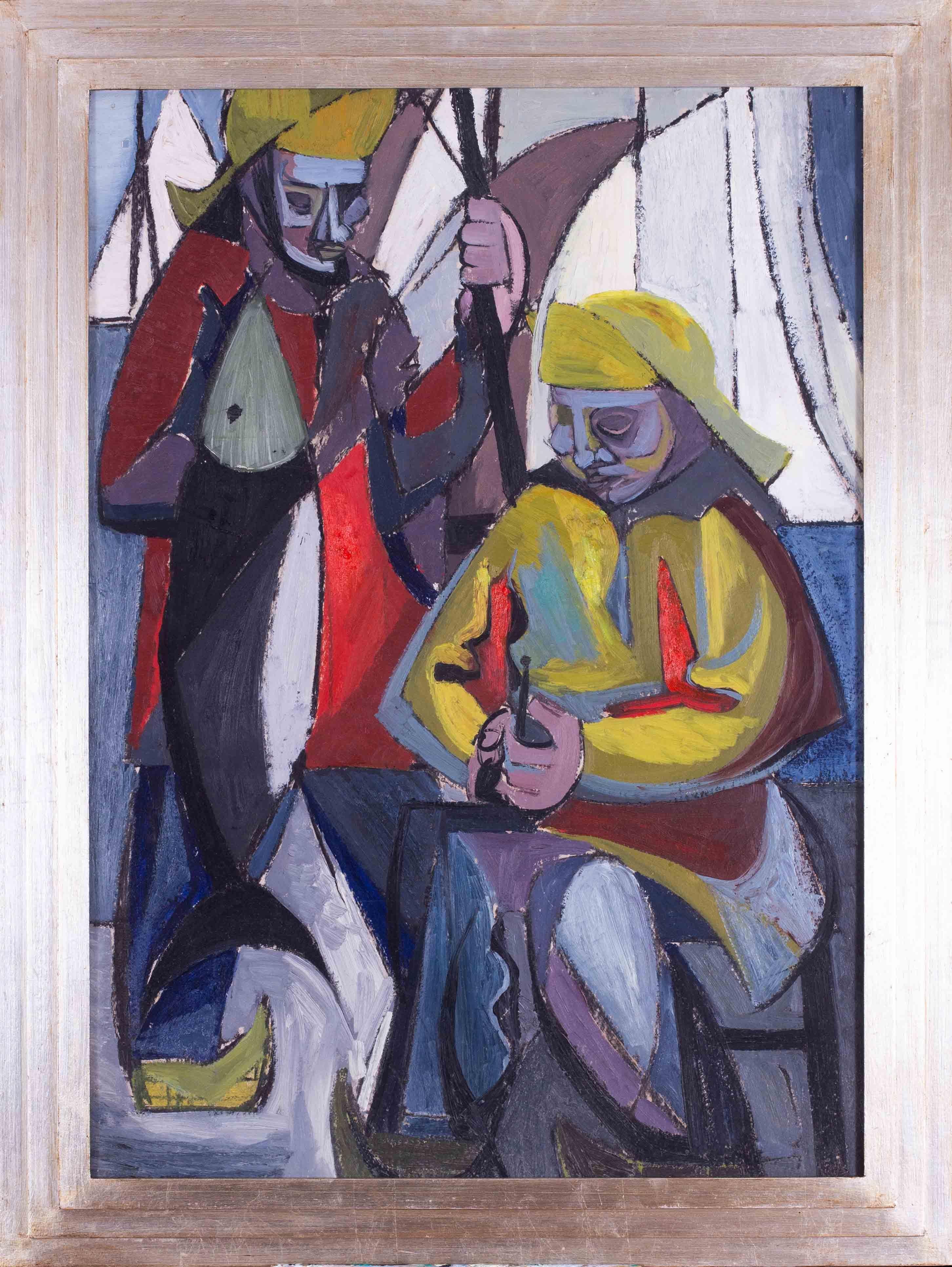 Grande peinture à l'huile cubiste du 20e siècle représentant deux pêcheurs