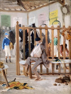 The Weighing - 19th Century Antique French Horse Racing Jockeys Oil Painting