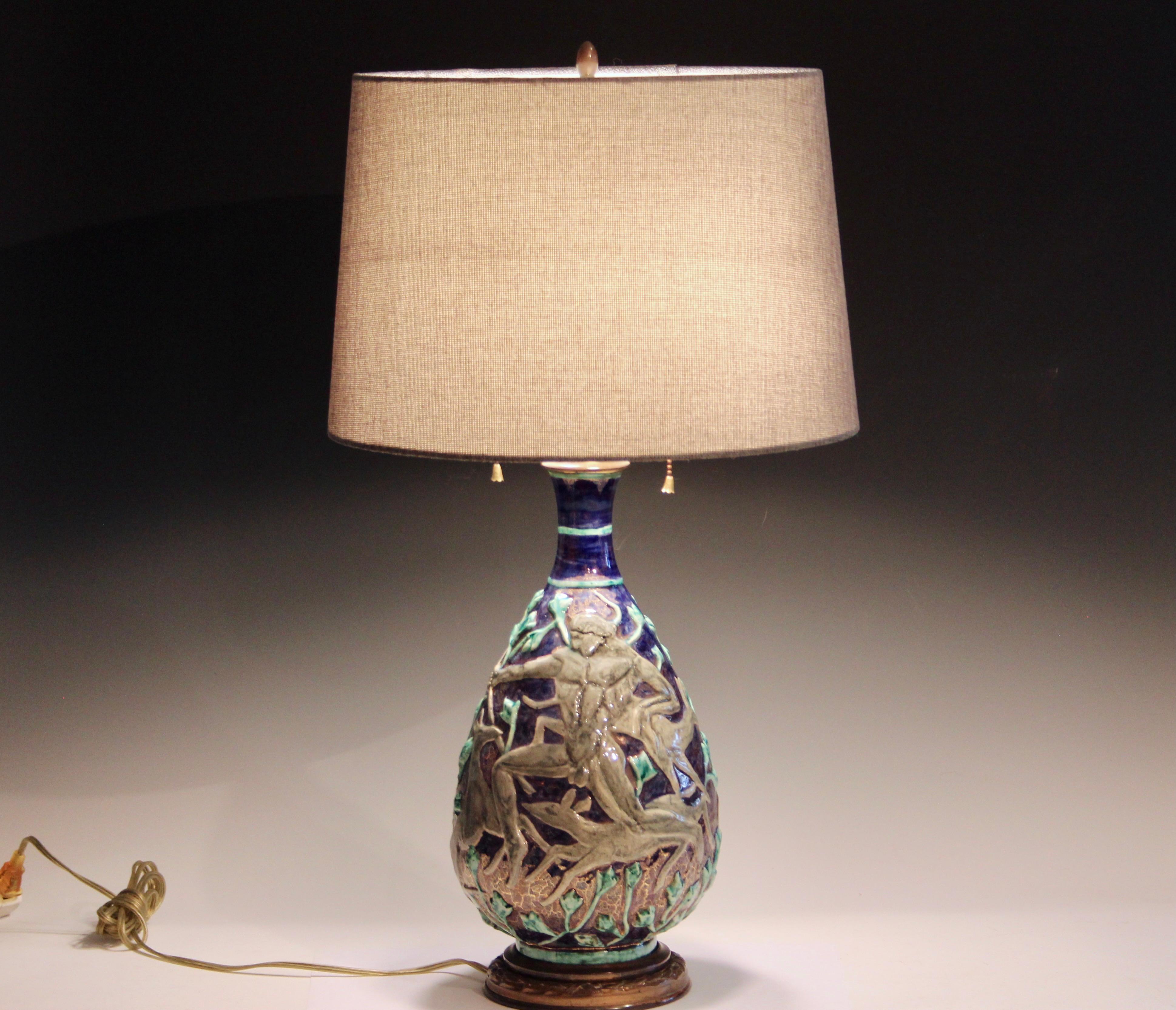Jean Mayodon French Art Deco Gilt Pottery Vintage 1920s Vase Lamp For Sale 6