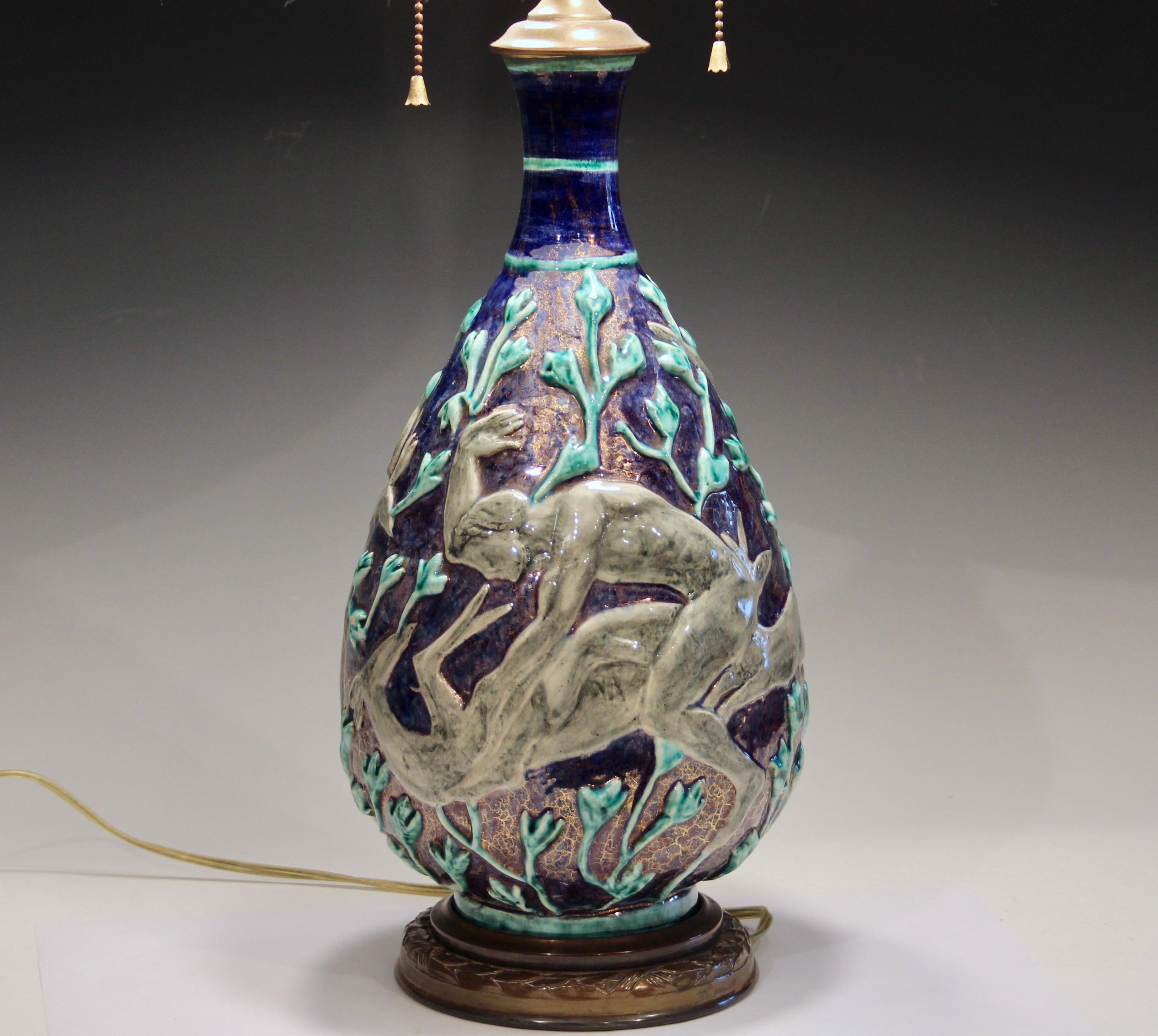 Molded Jean Mayodon French Art Deco Gilt Pottery Vintage 1920s Vase Lamp For Sale