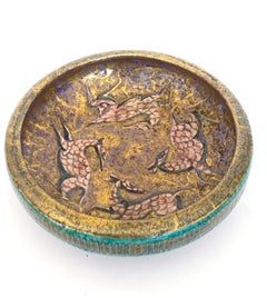 Jean Mayodon Round Ceramic Dish with Four Gazelles Glazed in Rose and Black