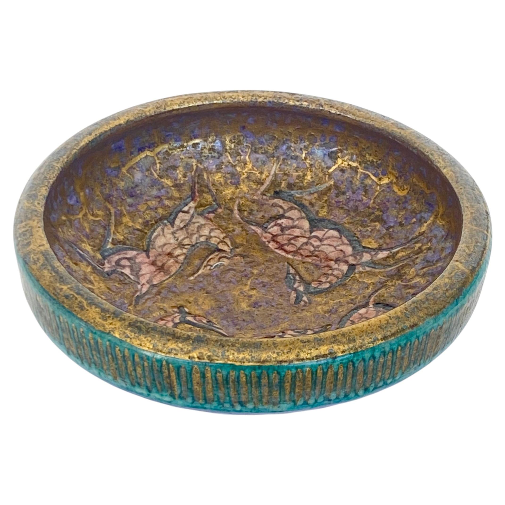 Jean Mayodon Round Ceramic Dish with Four Gazelles Glazed in Rose and Black For Sale