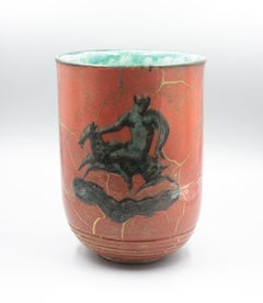 Cylindrical Vase in Enamelled Ceramic with Decoration of an Antique Scene