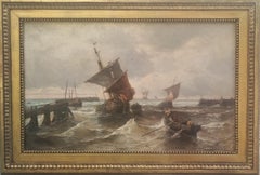 Pittura marinara francese del XIX secolo di Jean Mazzella: porto, Normandia, mare, barche