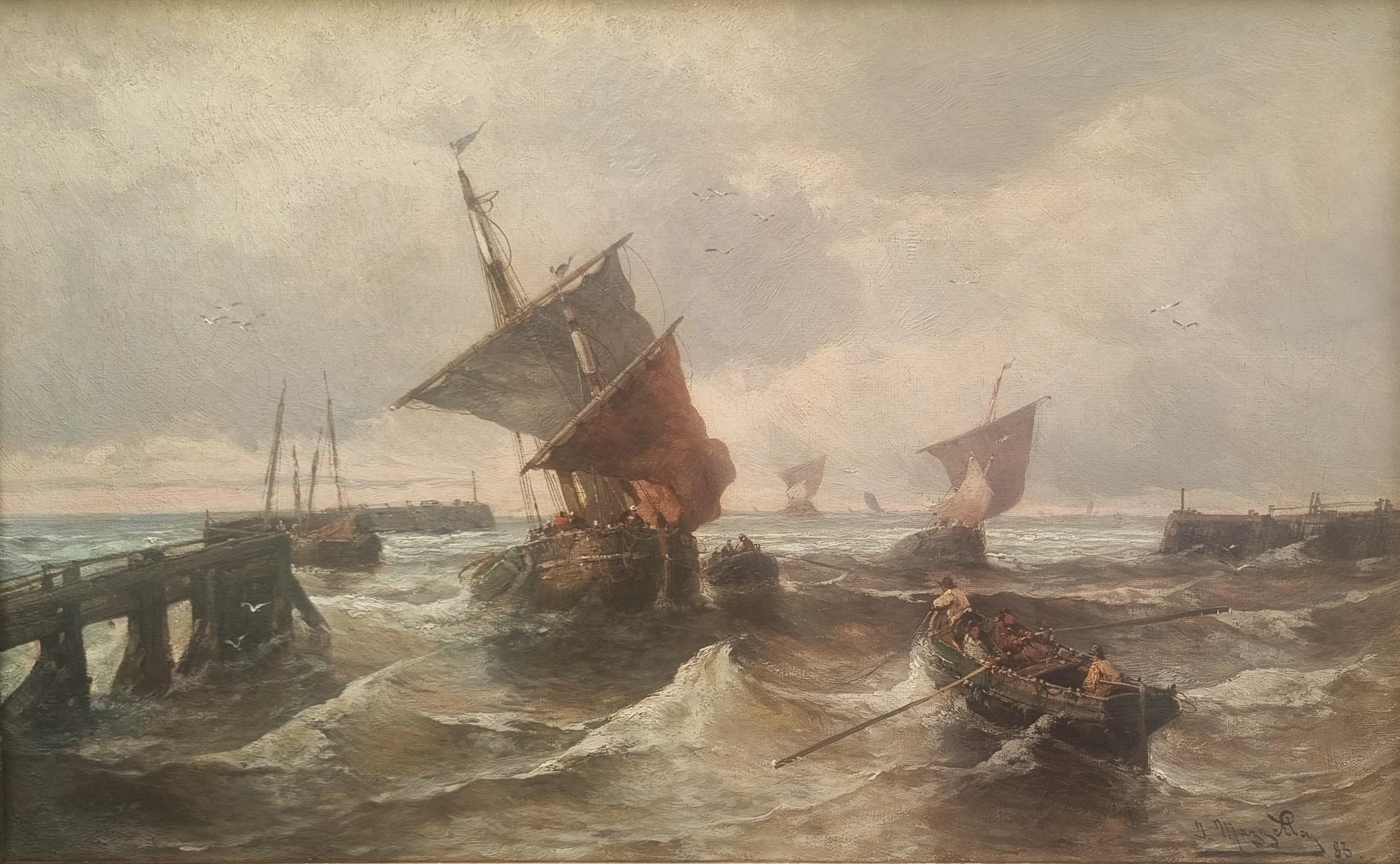Pittura marinara francese del XIX secolo di Jean Mazzella: porto, Normandia, mare, barche