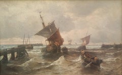 Pittura marinara francese del XIX secolo di Jean Mazzella: porto, Normandia, mare, barche