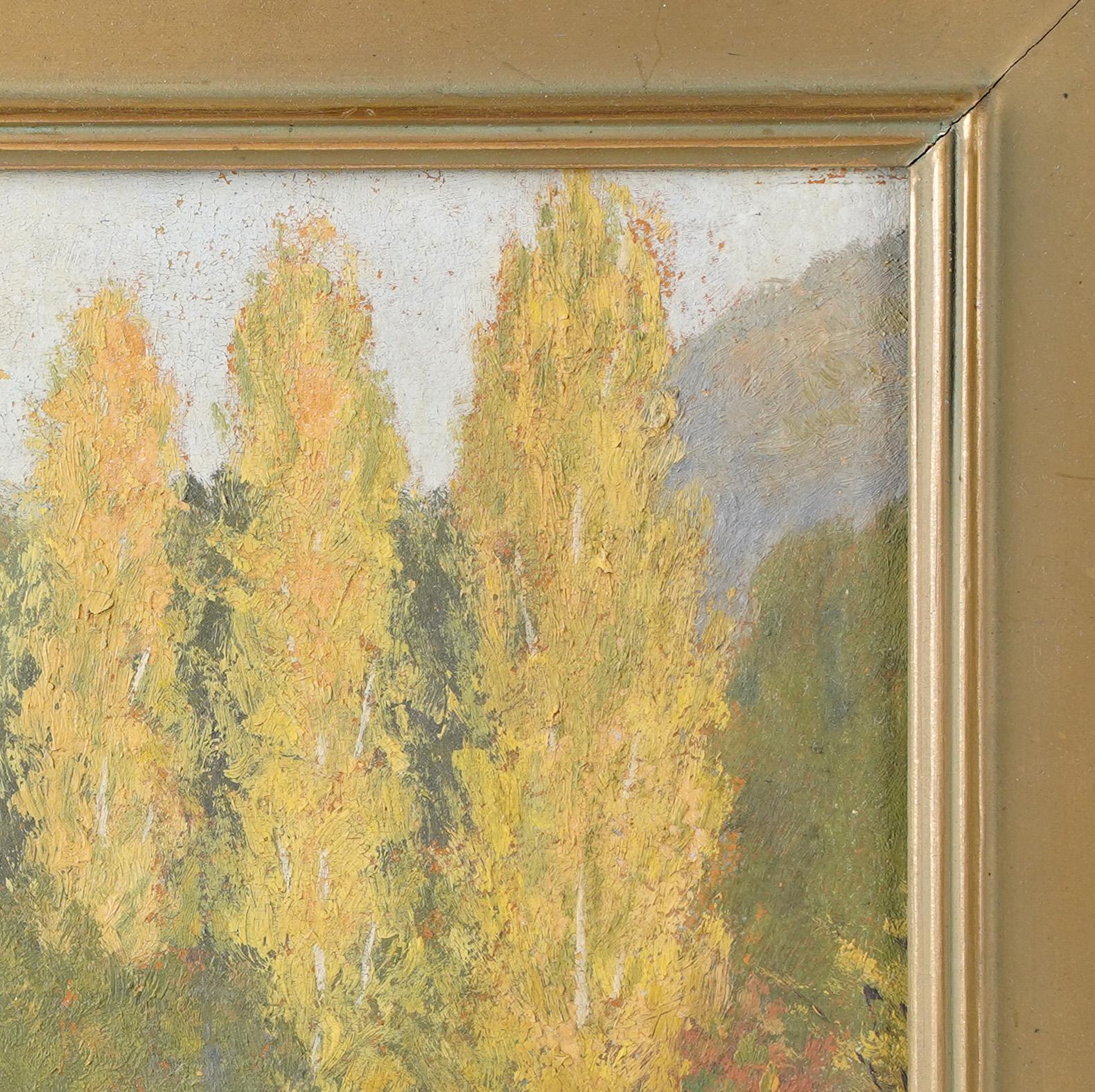 Antique American impressionist landscape painting. Oil on board.  Housed in a period frame.  Image size, 8L x 10H.  Signed.
