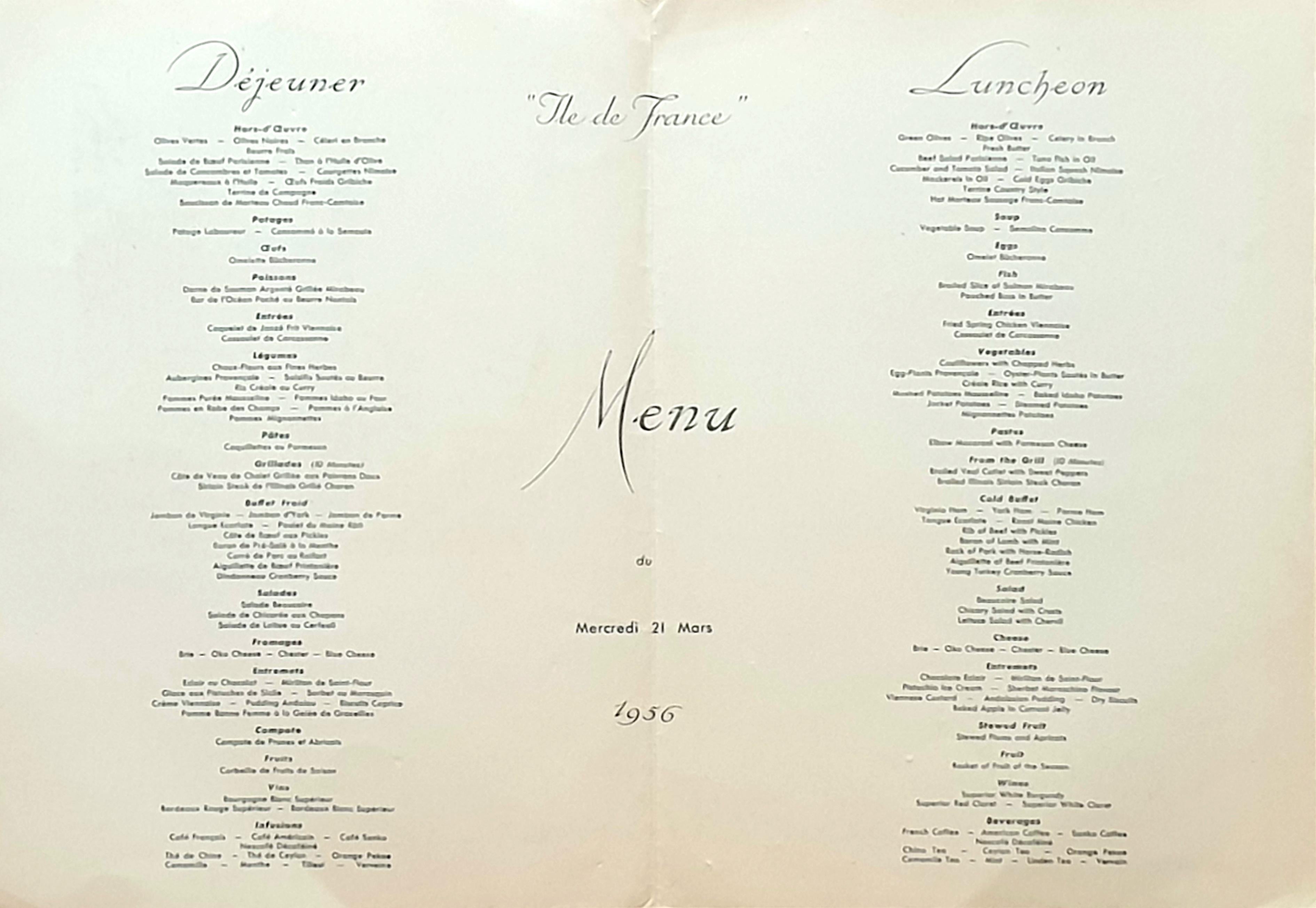 Mid-Century Original Printed Menu, Transatlantic French Line, 'Ile de France'. For Sale 7