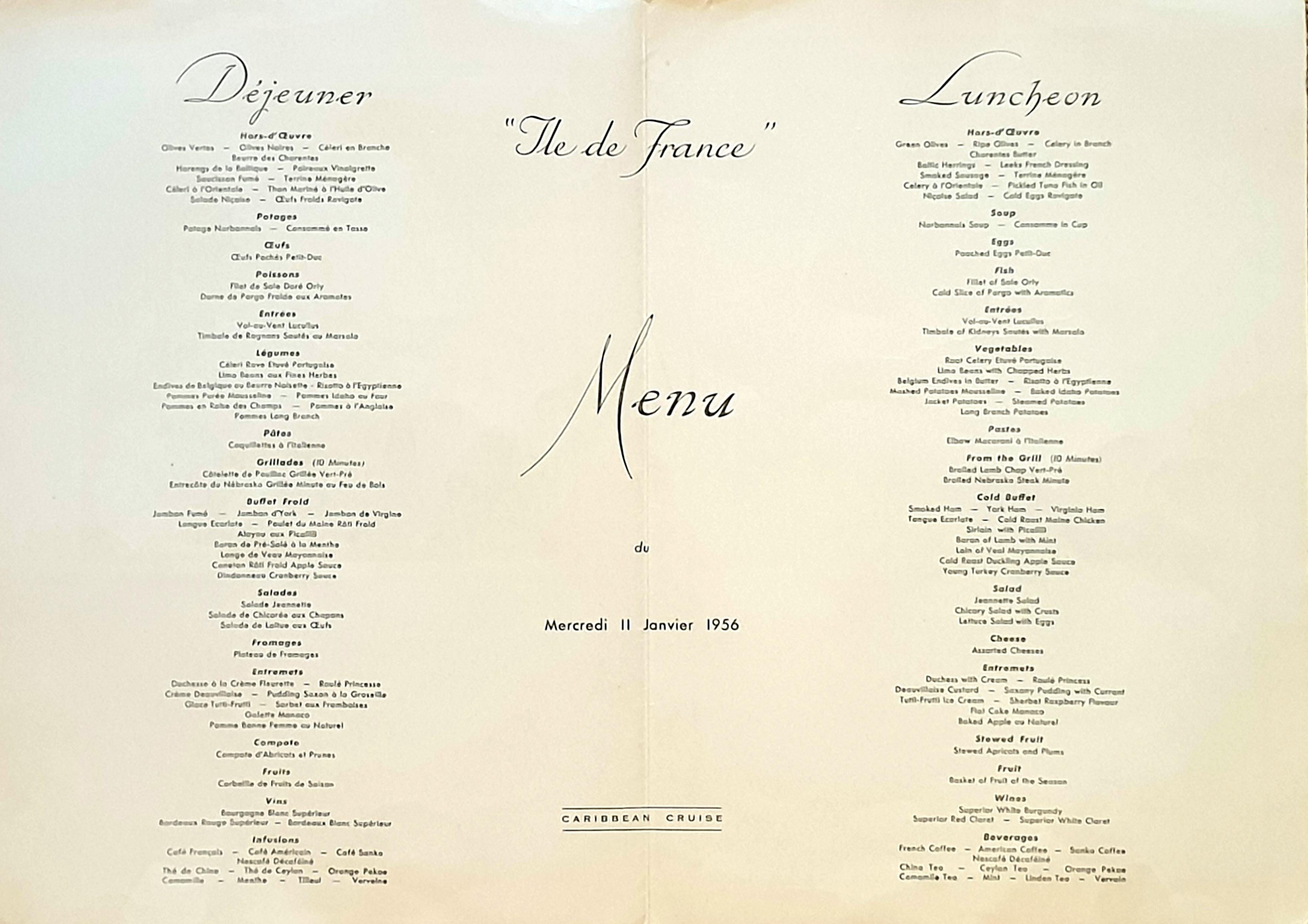 Mid-Century Original Printed Menu, Transatlantic French Line, 'Ile de France'. For Sale 10
