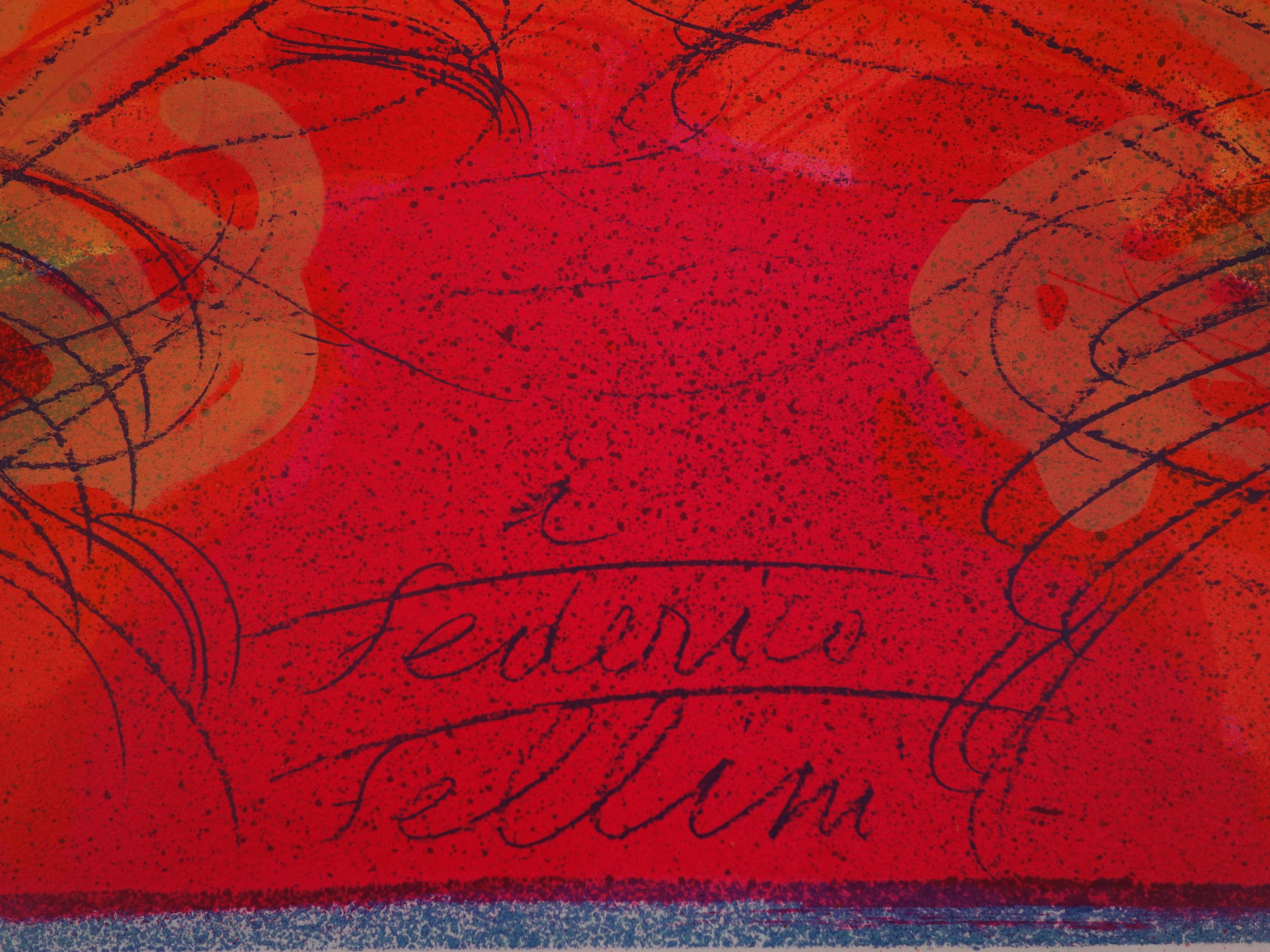 Monument pour Federico Fellini - Lithographie originale signée à la main - 100 ex - Rouge Abstract Print par Jean Messagier