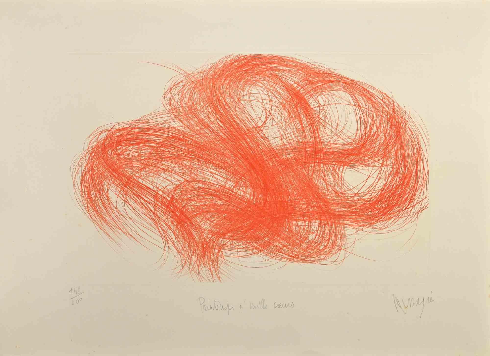 Printemps à mille cœurs is an artwork realized by the French artist Jean Messagier.

Etching on paper, hand-signed on the lower right corner "Messagier", titled Printemps à mille coeurs,  numbered on the left margin ex. 148/300.

Good conditions