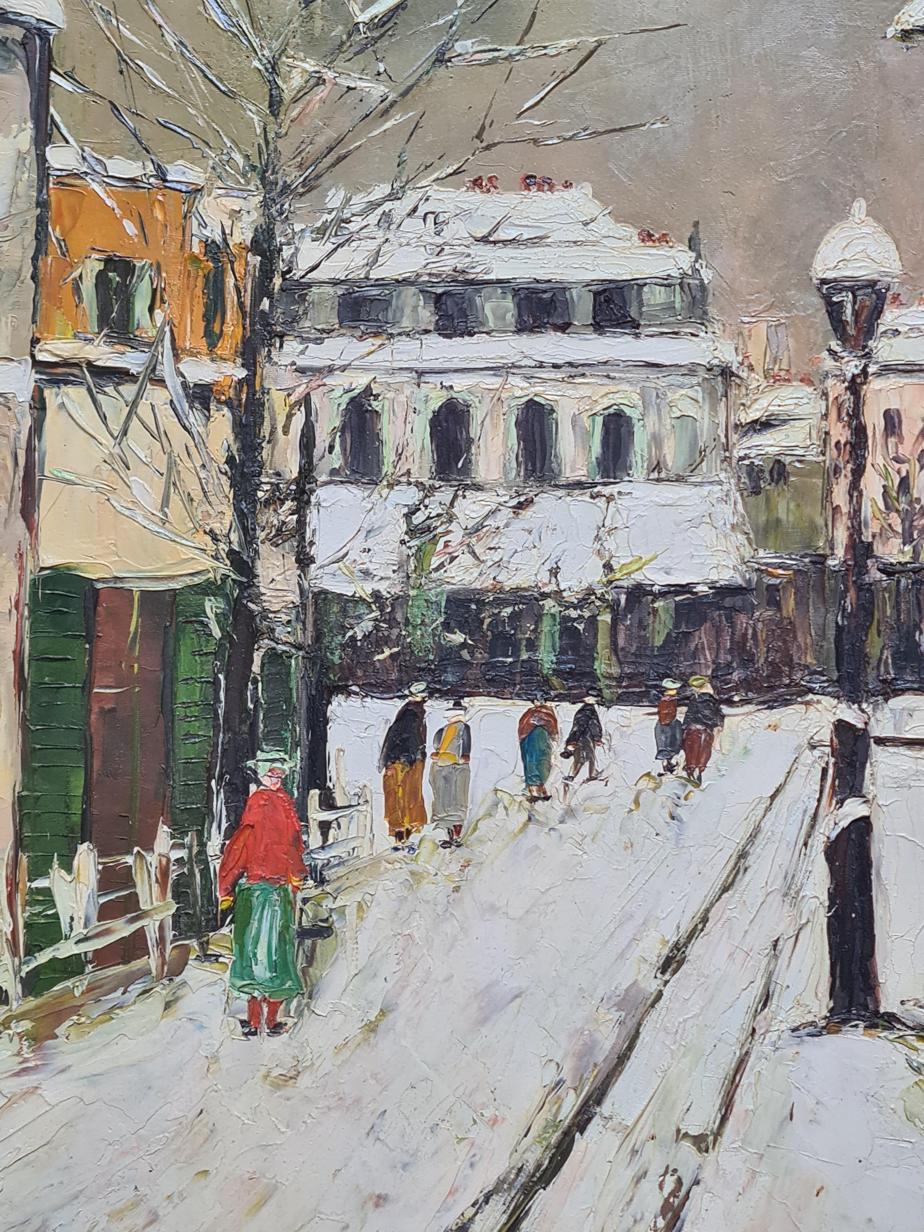 Parigi, Montmartre Nella neve, Cabaret au Lapin Agile (after) Maurice Utrillo - Painting Postimpressionismo di Jean Mesturini