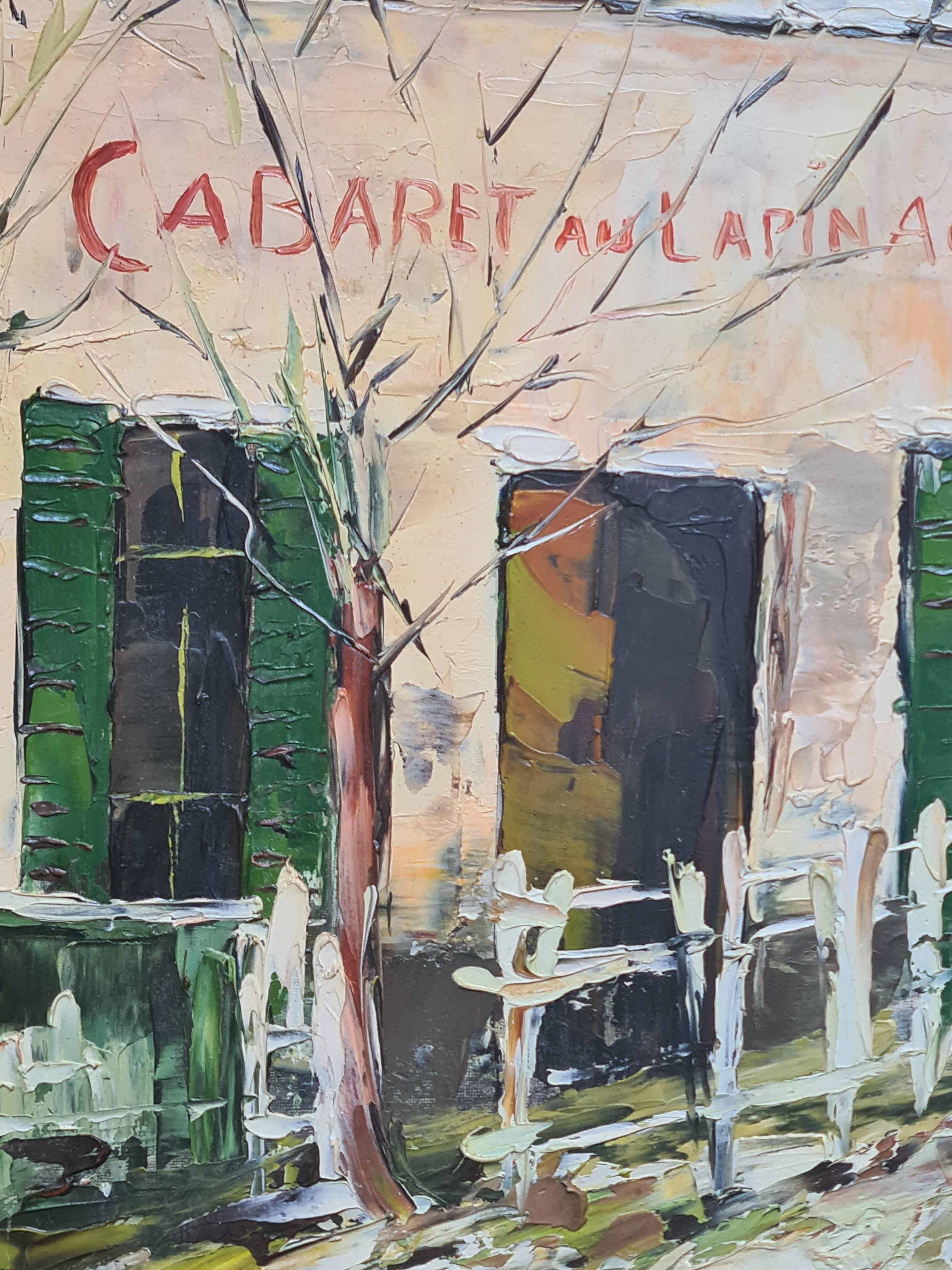 Parigi, Montmartre sotto la neve, il Cabaret au Lapin Agile preferito da Picasso, Modigliani e Utrillo, olio su tavola francese della fine del secolo scorso di Jean Mesturini. Il dipinto è firmato e datato in basso a destra.

Maurice Utrillo dipinse
