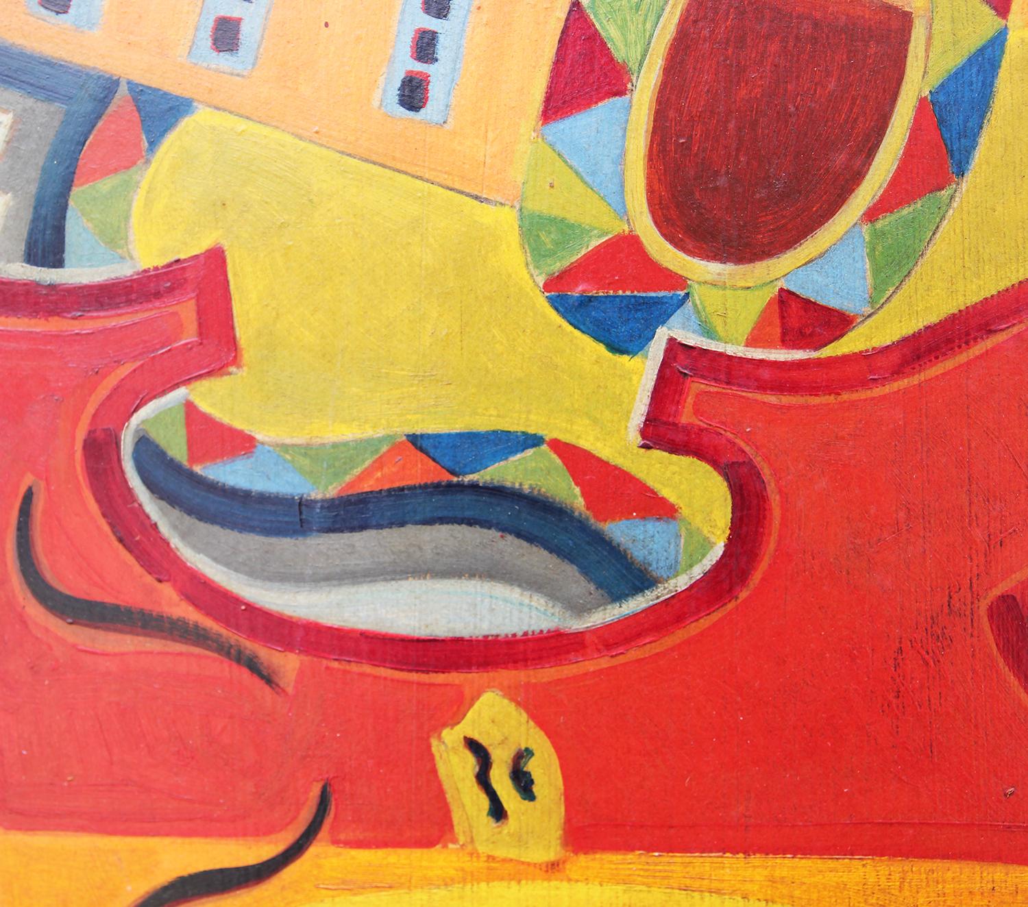 Modern Cubist Red, Orange, and Yellow Abstract Still Life with Violin and Guitar 9